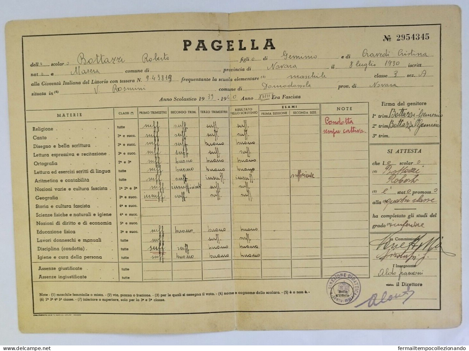 Bp145 Pagella Fascista Regno D'italia P.n.f.giov.littorio Domodossola Verbania - Diploma & School Reports