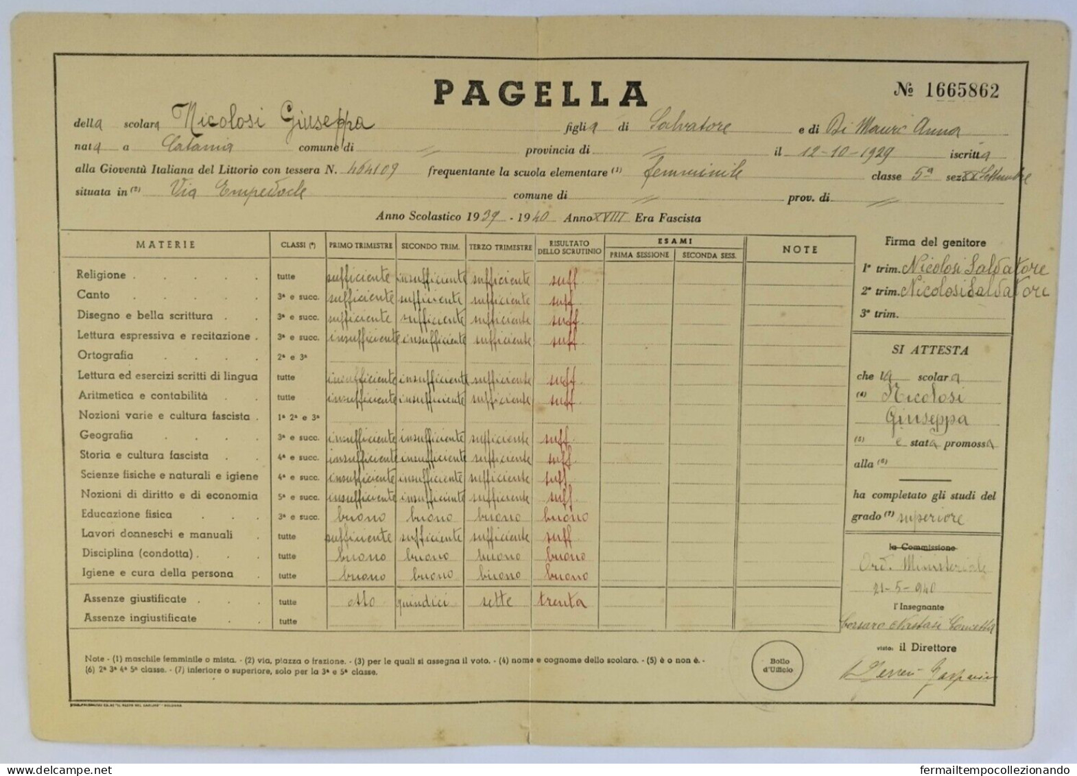 Bp146 Pagella Fascista Regno D'italia P.n.f.gioventu' Del Littorio Catania 1940 - Diploma & School Reports