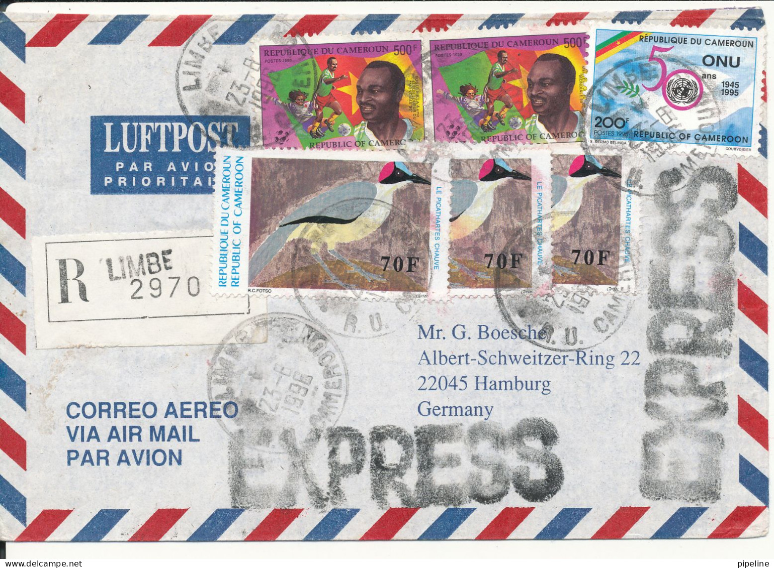 Cameroon Express Air Mail Cover Sent To Germany 27-8-1996 - Kamerun (1960-...)