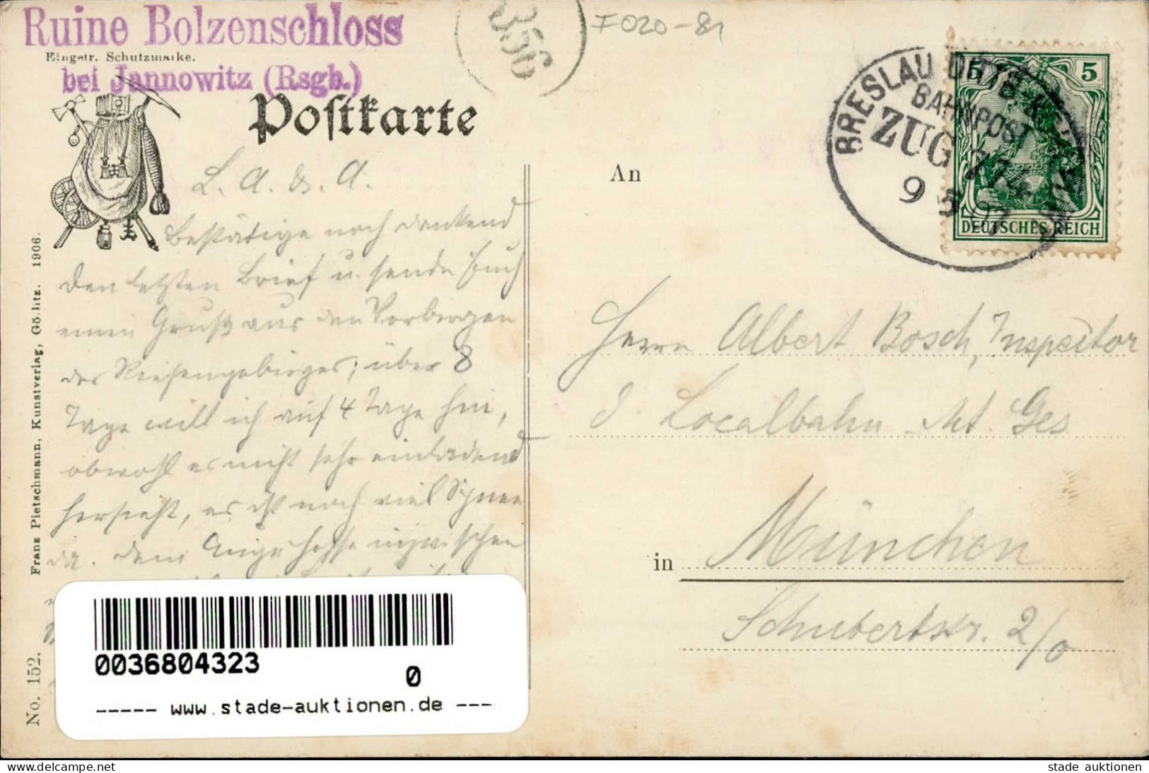 Jannowitz Burg Bolzenschloss Bahnpost Breslau Kohlfurt Zug 774 1907 I- - Polonia