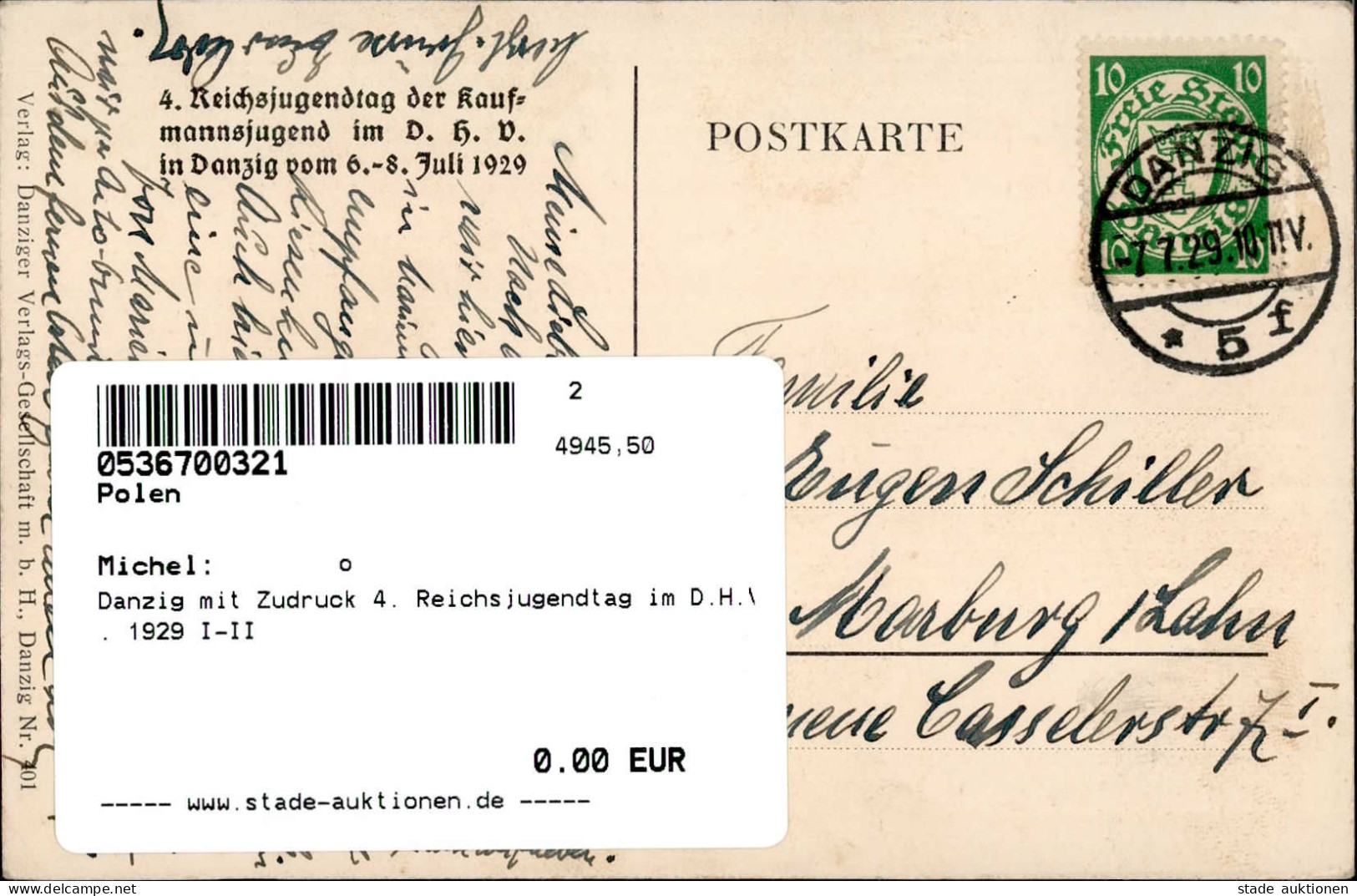 Danzig Mit Zudruck 4. Reichsjugendtag Im D.H.V. 1929 I-II - Pologne