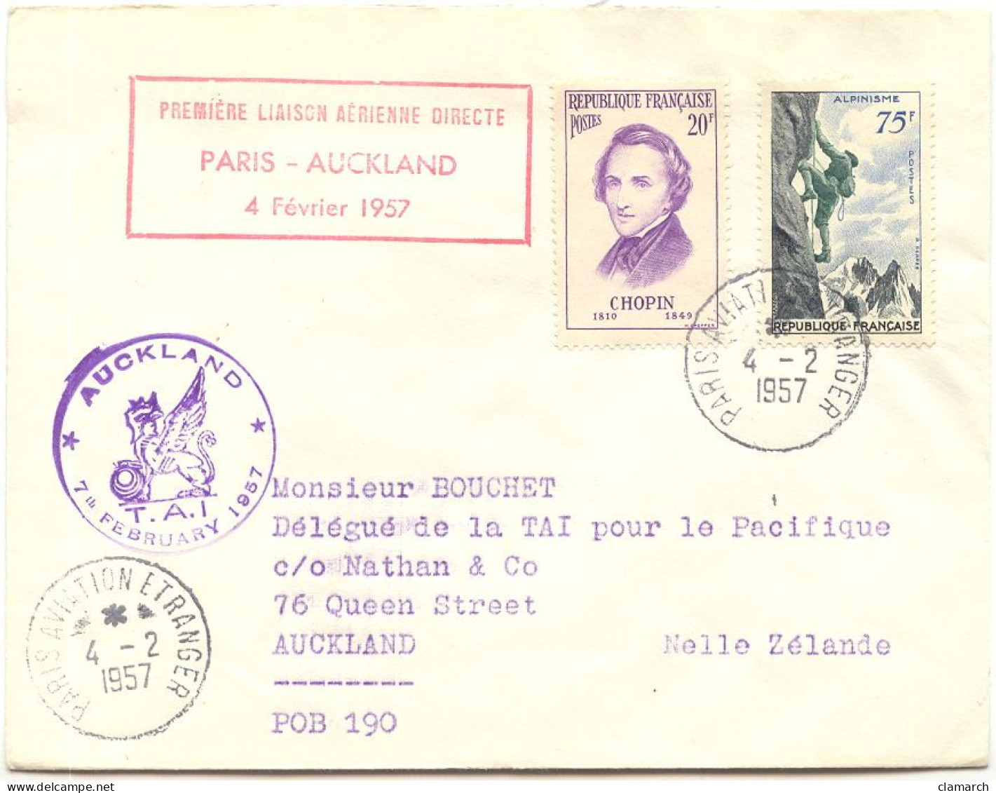 Aérophilatélie-Première Liaison Aérienne Diercte  PARIS -AUCKLAND 4 Fév 1957- Cachet De Paris Du 4.02.57 - First Flight Covers