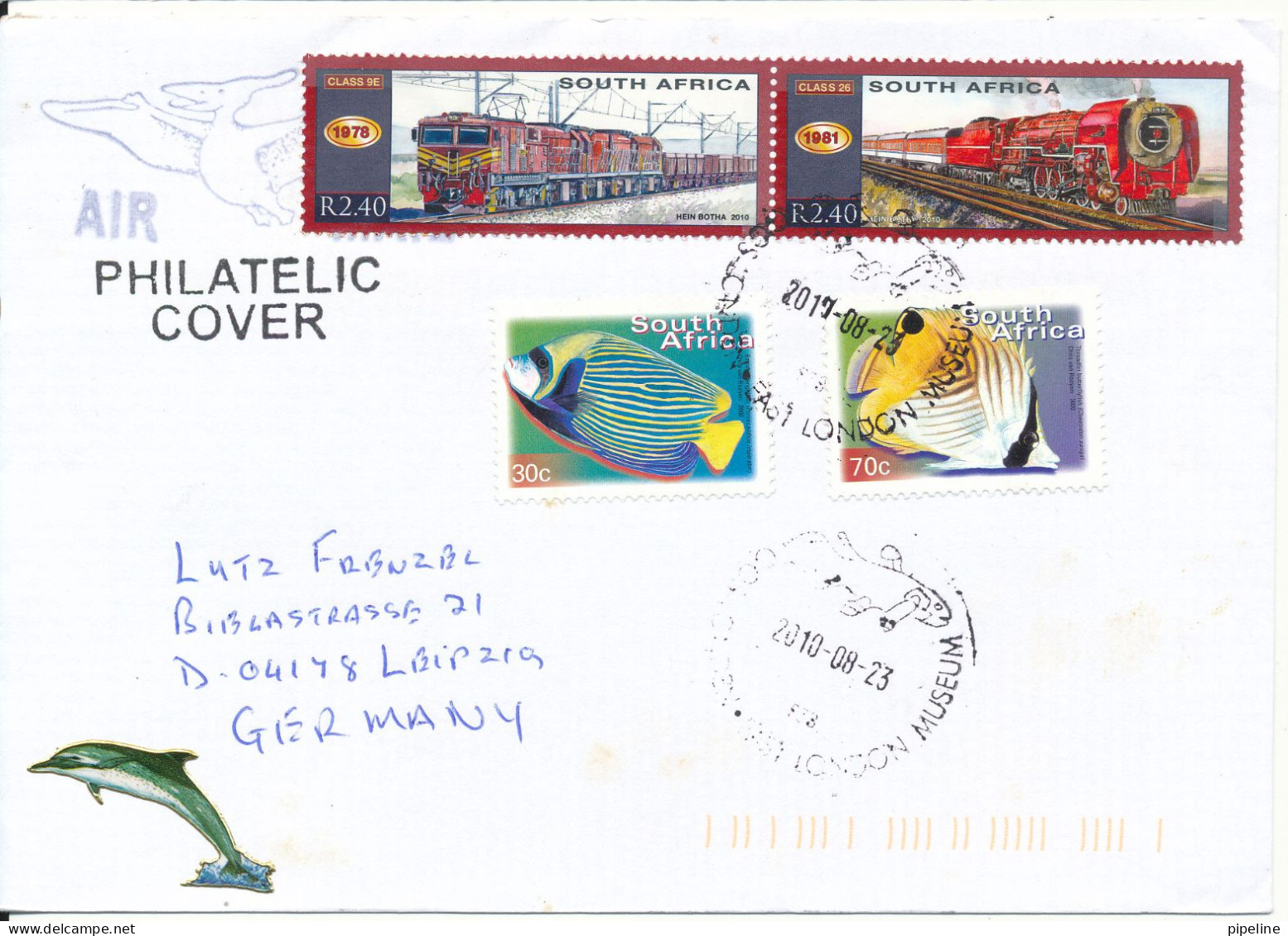 South Africa Cover Sent To Germany 23-8-2010 Topic Stamps TRAINS And FISH - Cartas & Documentos