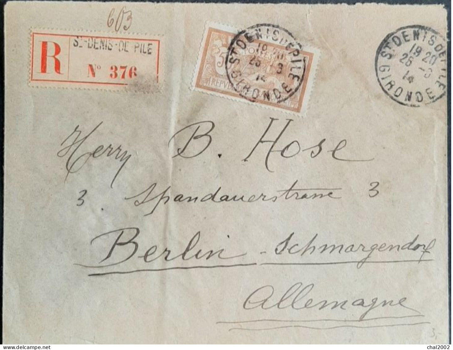 1914 Lettre Recommandée Pour Berlin 25 Mars 1914 - Briefe U. Dokumente