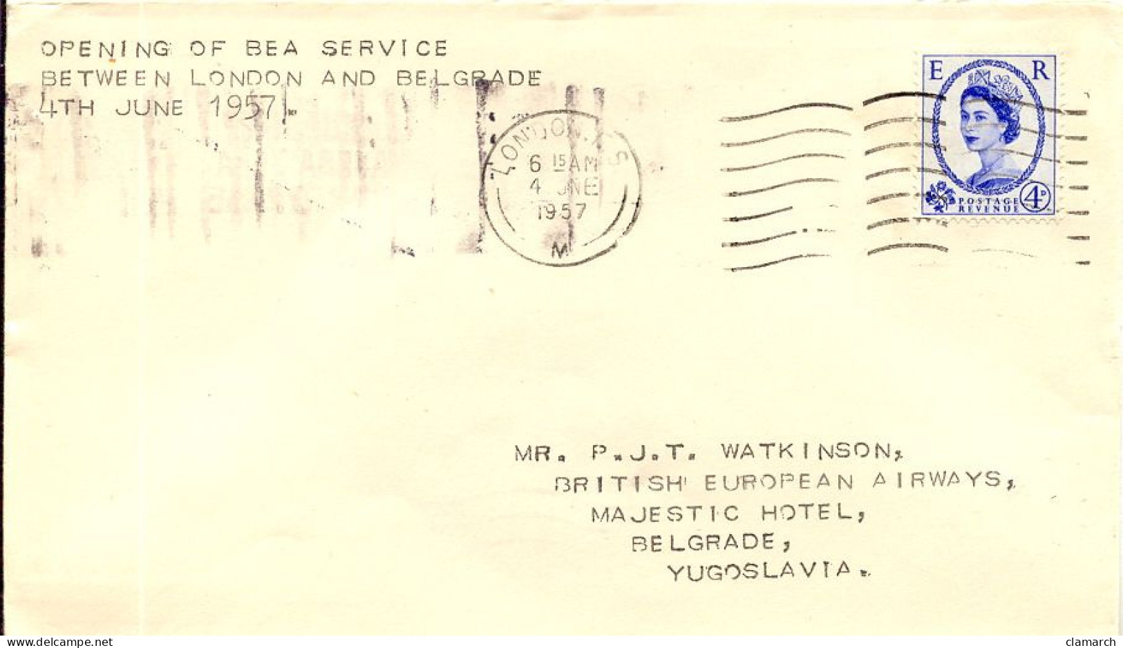 Aérophilatélie-Opening Of BEA Service Between LONDON And BELGRADE 4TH JUNE 1957-cachet De London Du 04.06.57 - Primi Voli