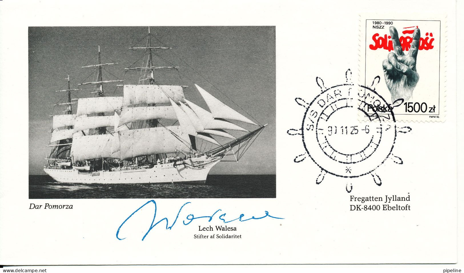 Poland Cover 25-11-1990 Dar Pomorza Honors The Danish Frigate Jylland With Cachet - Lettres & Documents