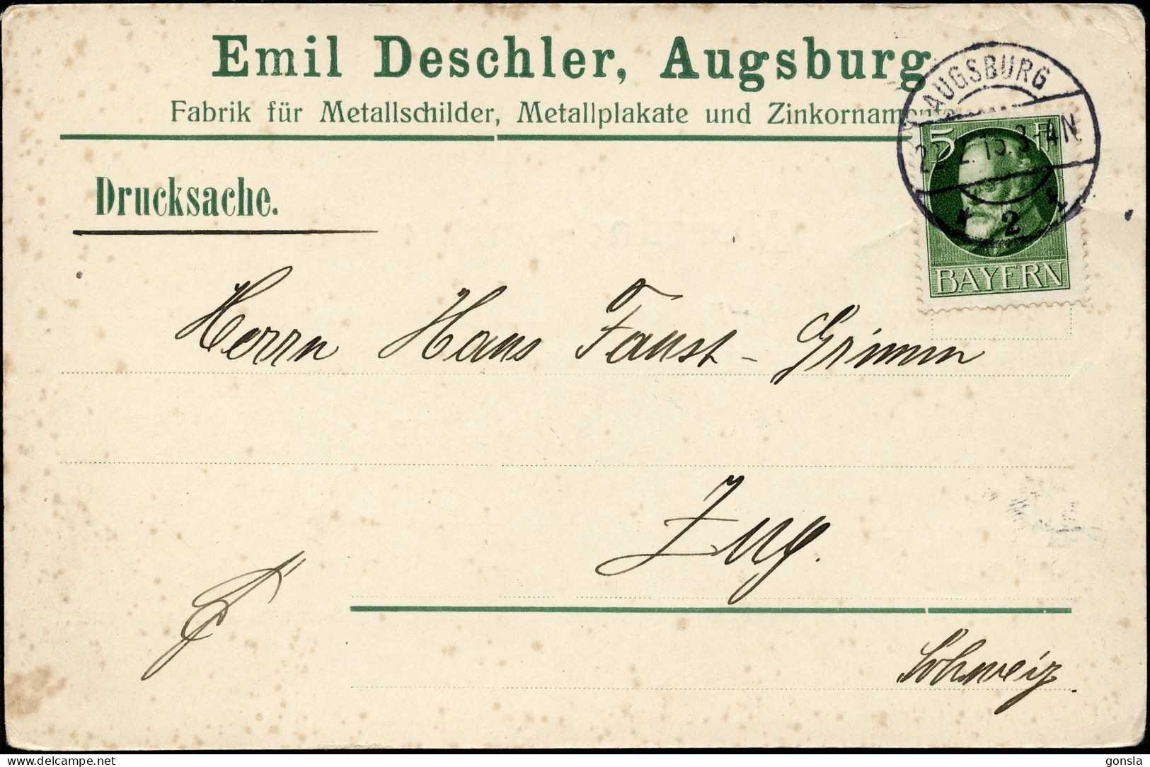 POSTKARTE 1915 "Emil Deschler" Augsburg - Fabrik Für Metallschilder, Metallplakate Und Zinkornammente - Gebraucht