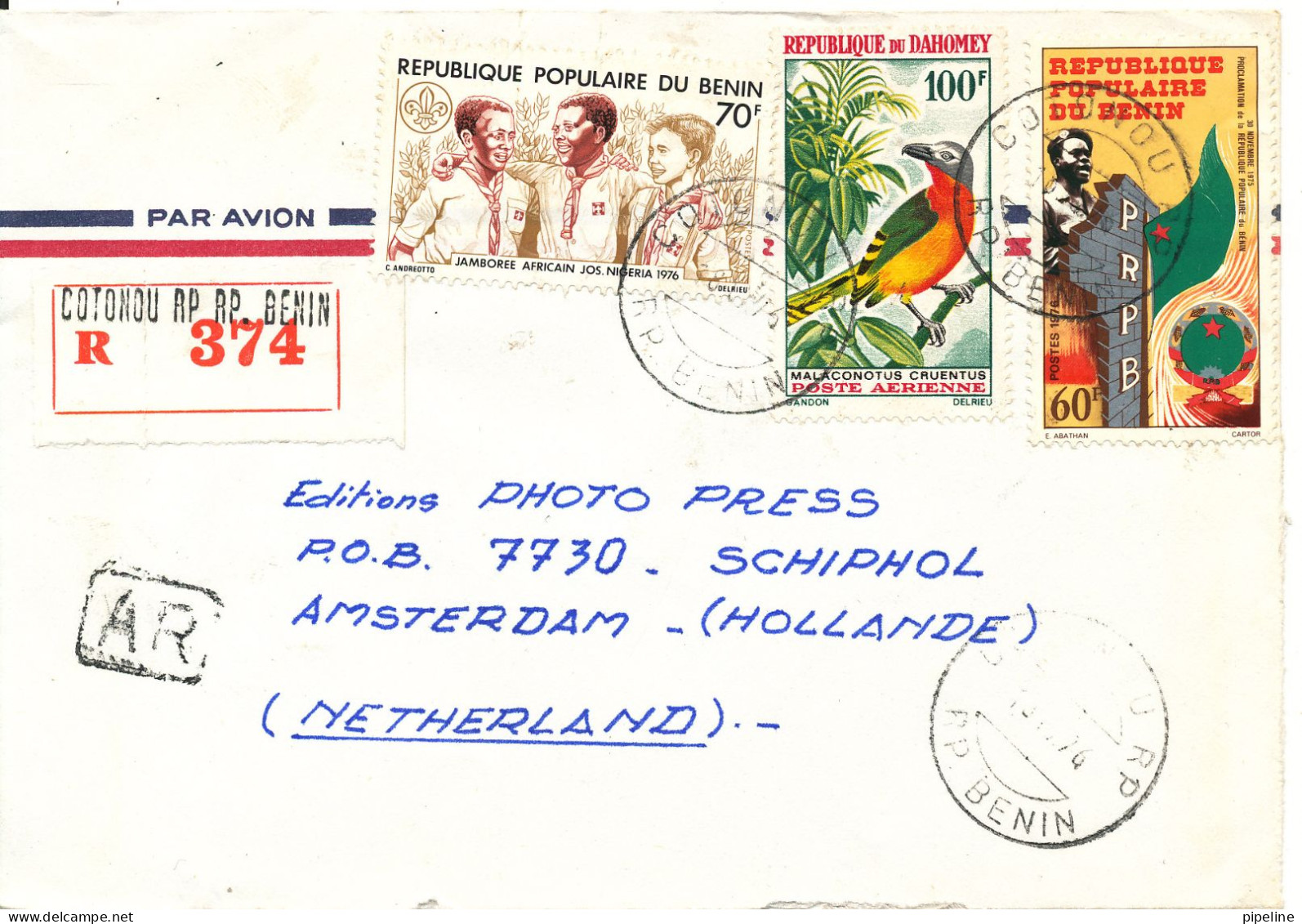 Benin Registered Air Mail Cover Sent To Holland Taravao 18-10-1976 Good Franked Cover - Benin - Dahomey (1960-...)