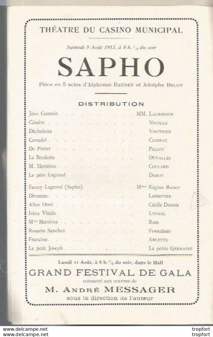 CE / Vintage theater program / Programme Théâtre art nouveau EVIAN-LES-BAINS 1913 Pub Funiculaire SAPHO Concert