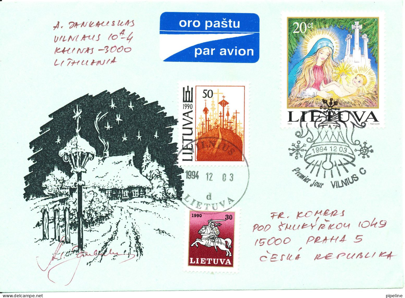 Lithuania FDC 3-12-1994 Uprated And Sent Air Mail To Czech Republic - Lithuania