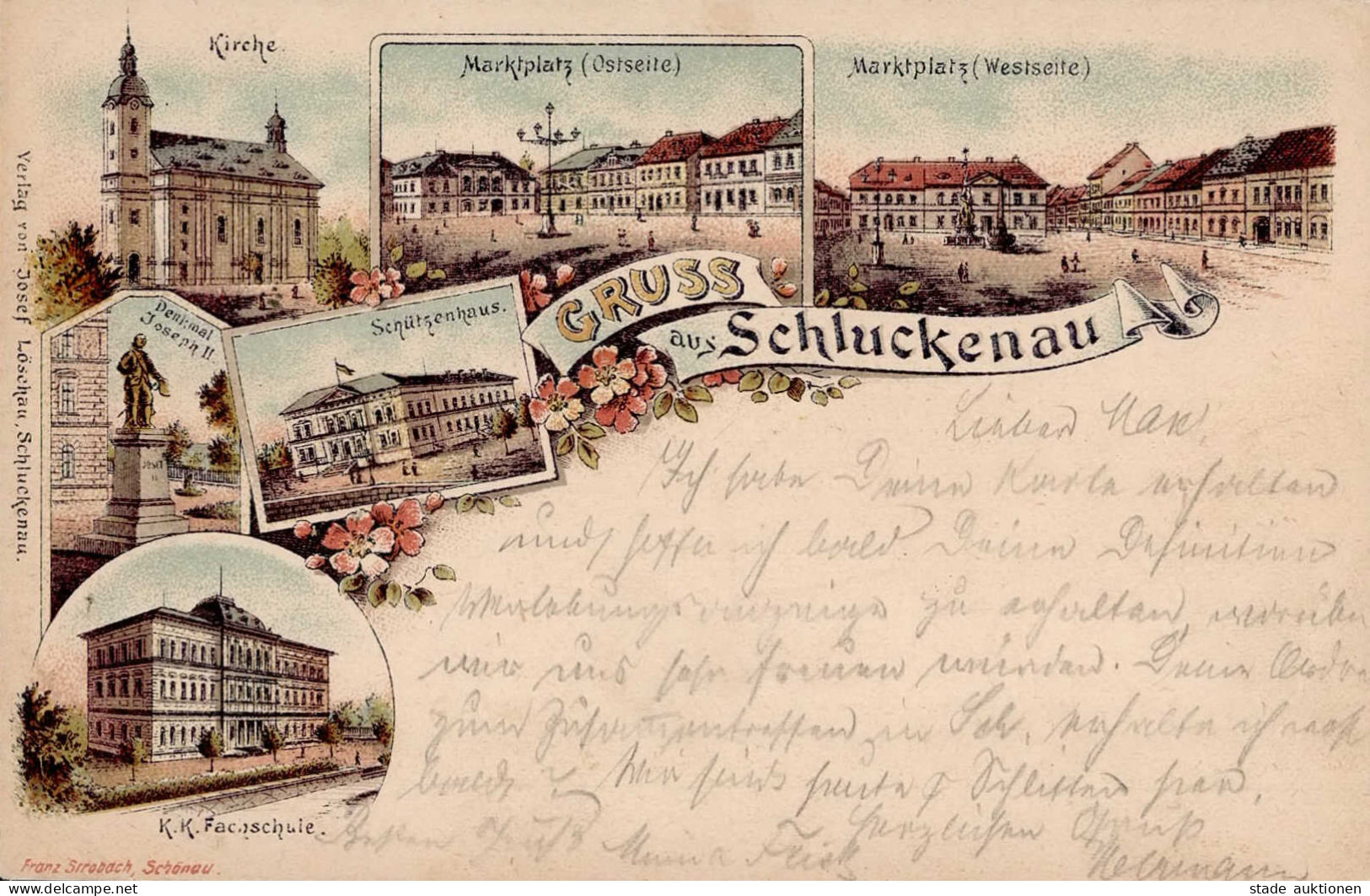 Schluckenau Vorläufer K.K. Fachschule Marktplatz Kirche Schützenhaus Denkmal Joseph II. 1895 I-II (Ecke Gestaucht, RS Fl - Tschechische Republik