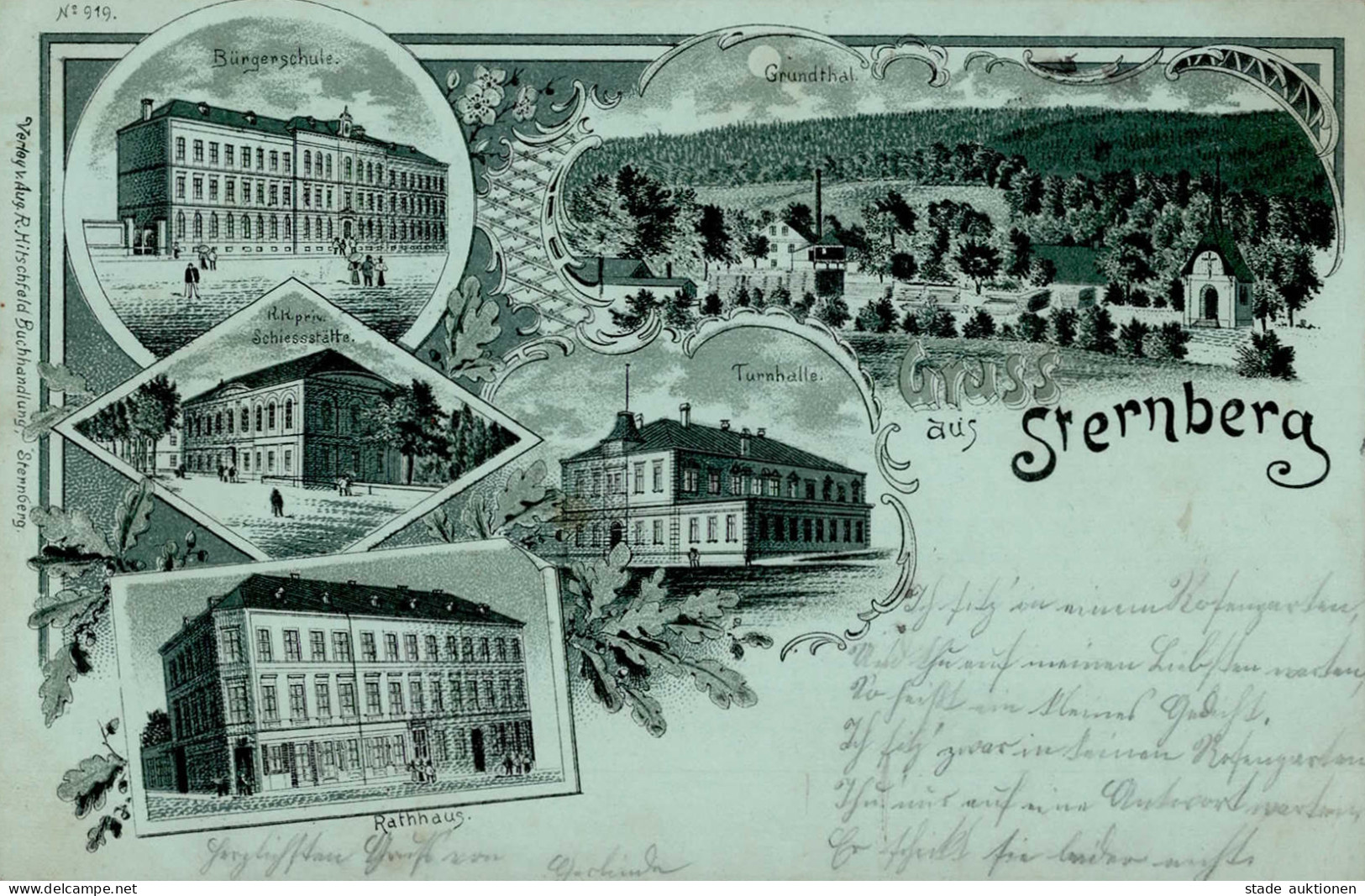 Sternberg Mondschein-Karte Bürgerschule Rathaus Schützenhaus 1898 II (Stauchung) - Tschechische Republik