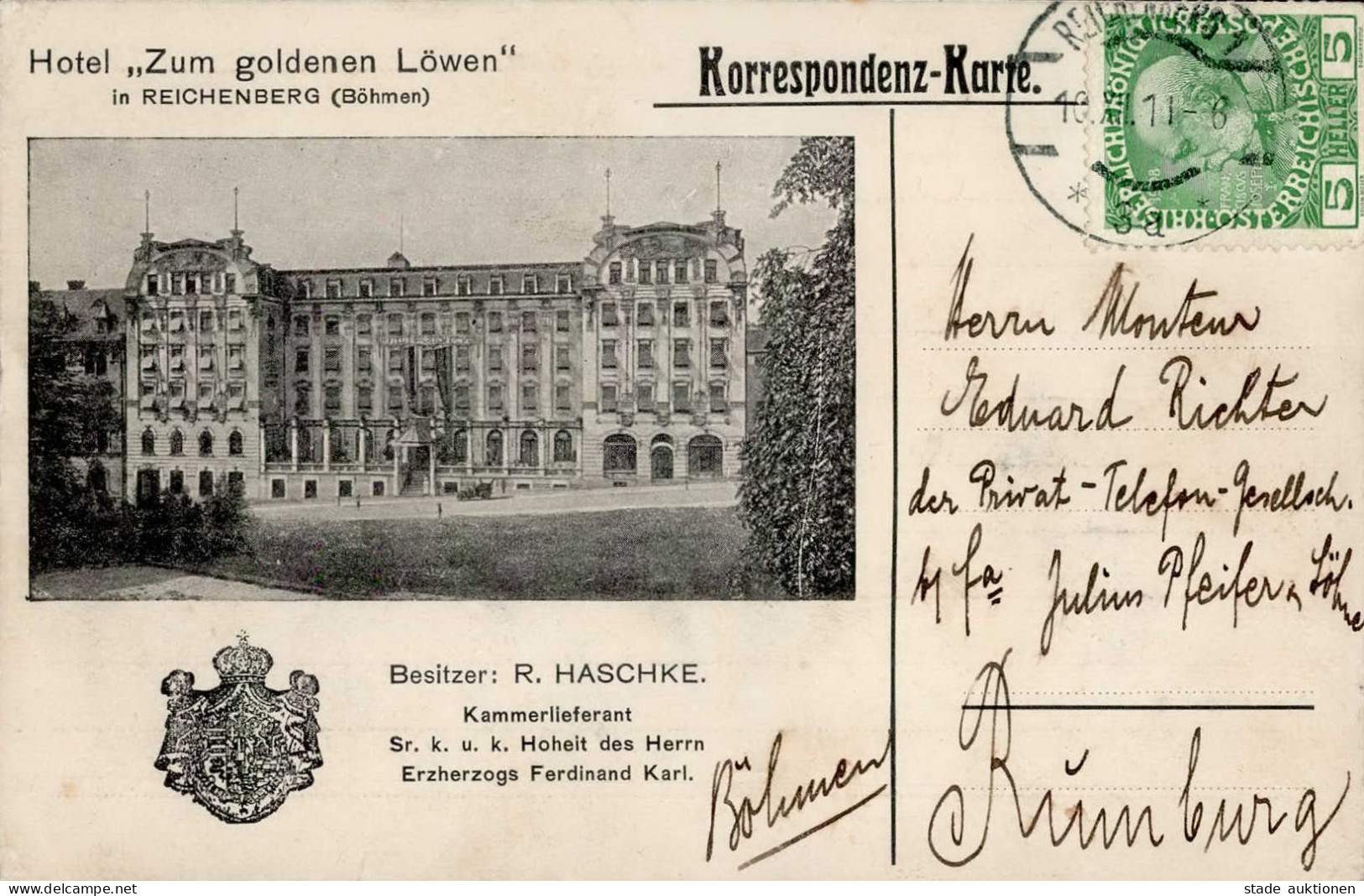 Reichenberg Hotel Zum Goldenen Löwen Bes. Haschke, R. 1911 II (Eckbug Li. Unten) - Tschechische Republik