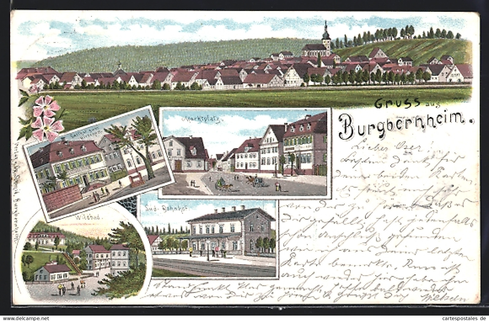 Lithographie Burgbernheim, Gasthof Zum Hirschen, Süd-Bahnhof, Marktplatz  - Sonstige & Ohne Zuordnung