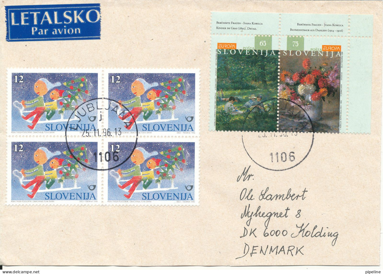 Slovenia Cover Sent To Denmark Ljubljana 25-11-1996 With Complete Set EUROPA CEPT 1996 And A Block Of 4 Christmas Stamps - Slowenien