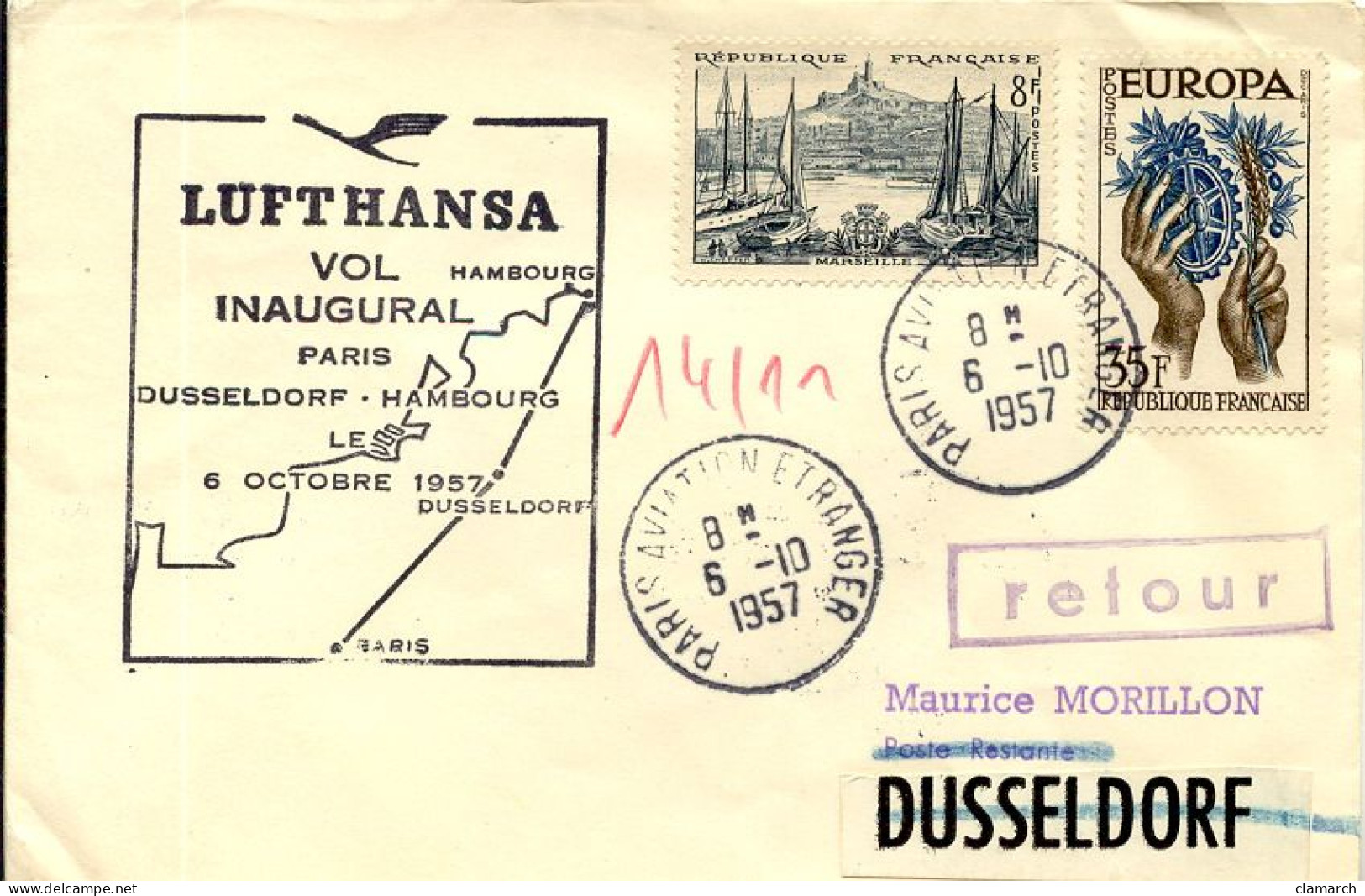 Aérophilatélie-Vol Inaugural PARIS-DUSSELDORF-HAMBOURG Par Lufthansa 6Oct 1957-cachet De Paris Du 6.10.57 - First Flight Covers