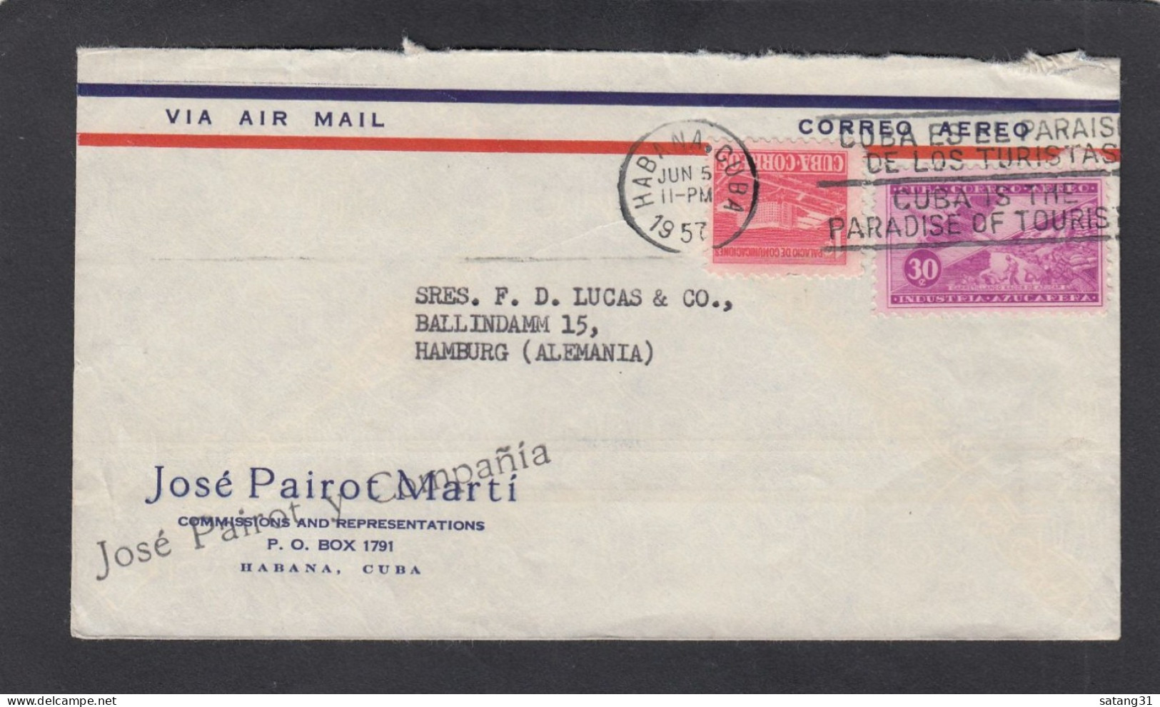 LETTRE AVEC TIMBRE "SURTAXE OBLIGATOIRE(Y+T 446) ET "MANUTENTION DU SCRE (P.A. NO 100) POUR HAMBOURG,1957. - Storia Postale