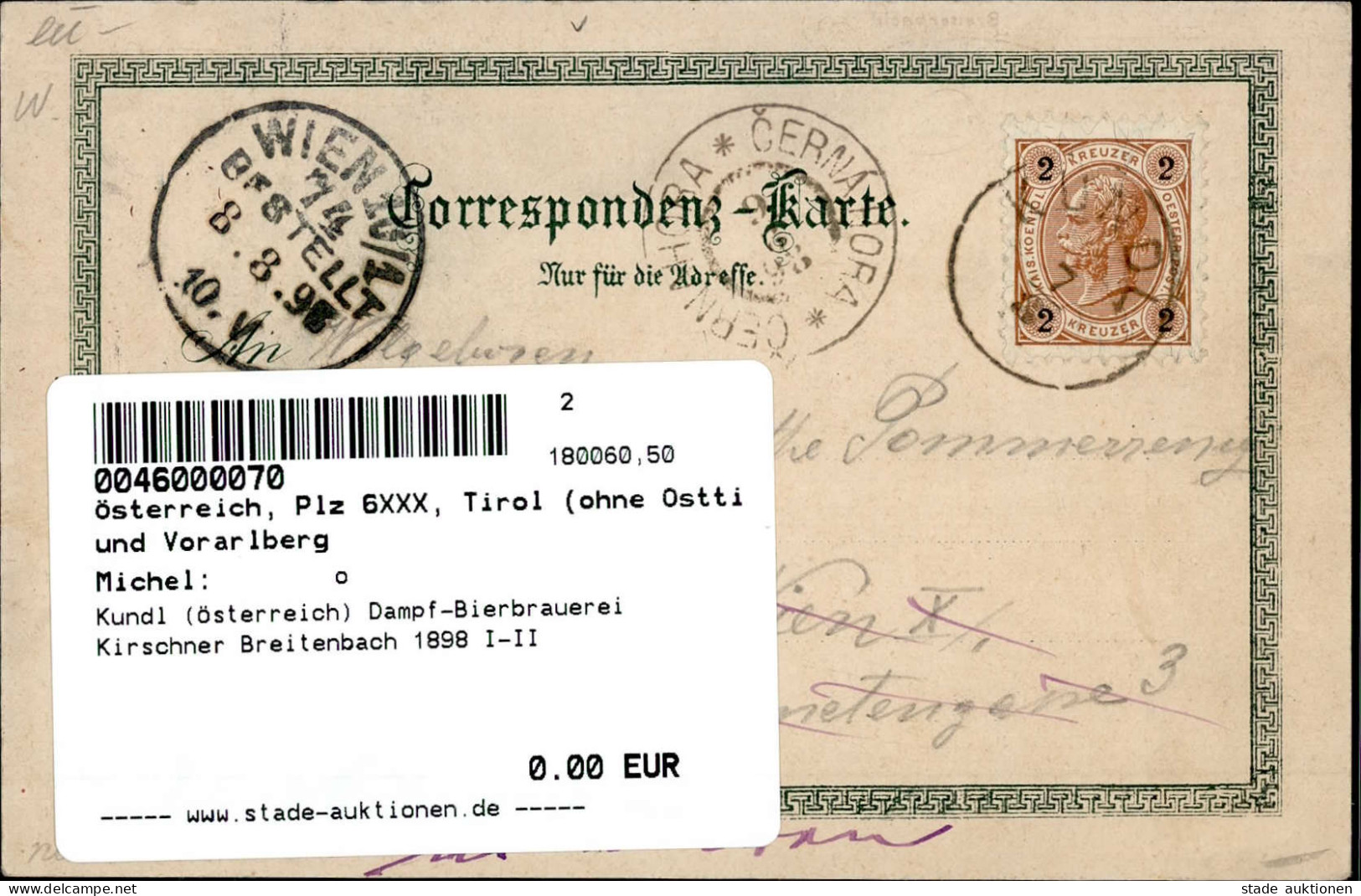 Kundl (Österreich) Dampf-Bierbrauerei Kirschner Breitenbach 1898 I-II - Other & Unclassified