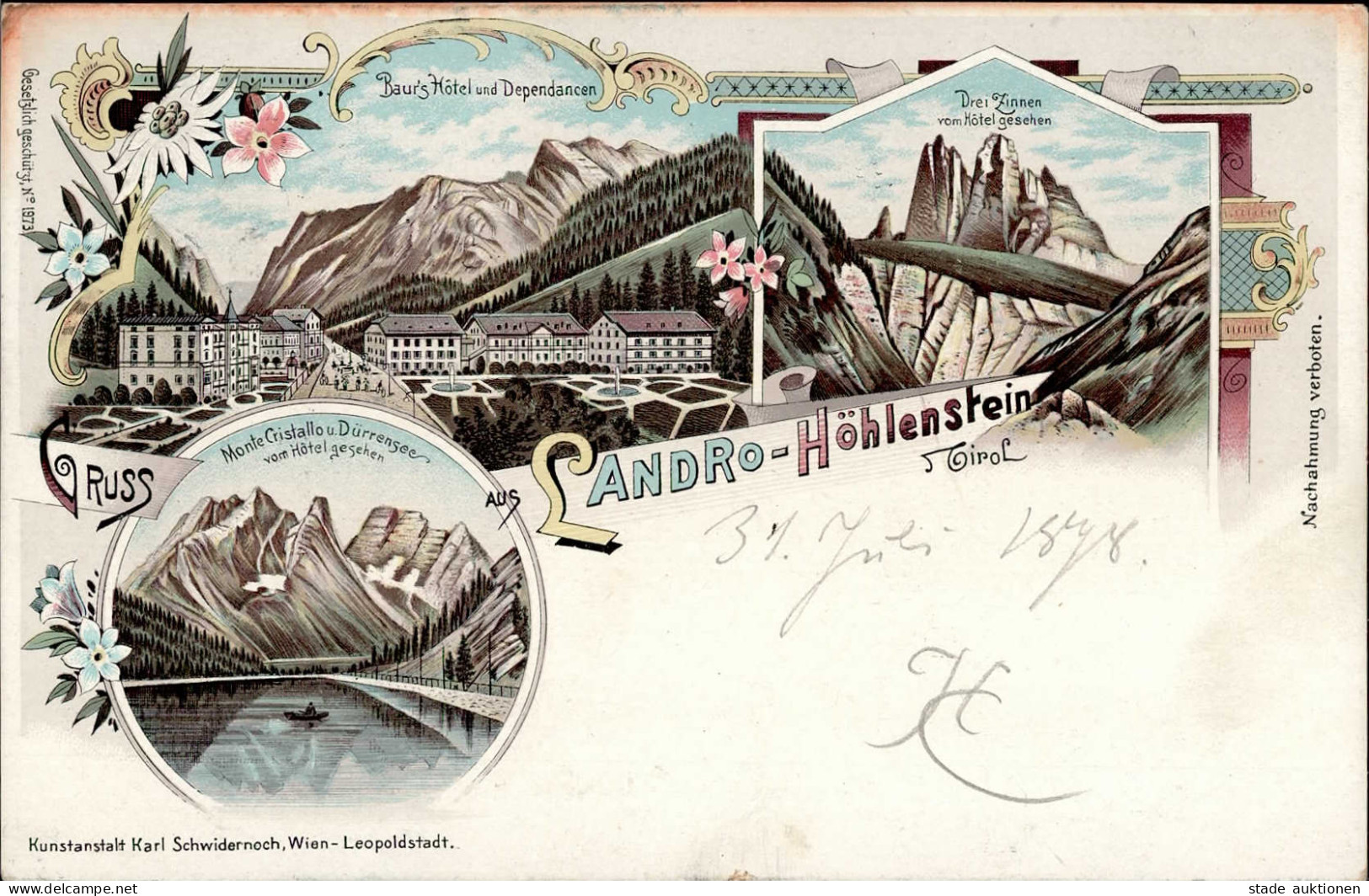 Landro (Südtirol) Monte Cristallo Dürrensee Hotel Baur 1898 I-II (Kerbe, Fleckig) - Sonstige & Ohne Zuordnung