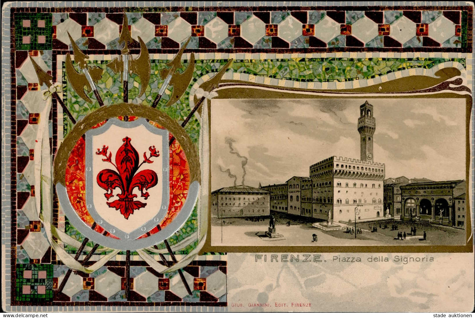 Firenze (Italien) Piazza Della Signoria Wappen Prägedruck II (Reißnagelloch, Stauchung, Ecken Abgestossen) - Other & Unclassified