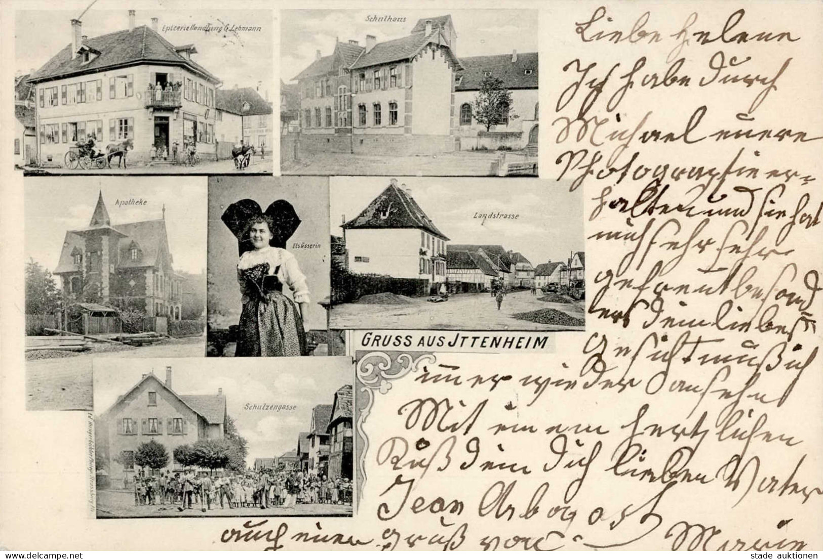 Ittenheim (Elsass) Epicerie Handlung Schule Apotheke Tracht Frau Elsässerin Schulzengasse 1902 II- (Bugspuren) - Other & Unclassified