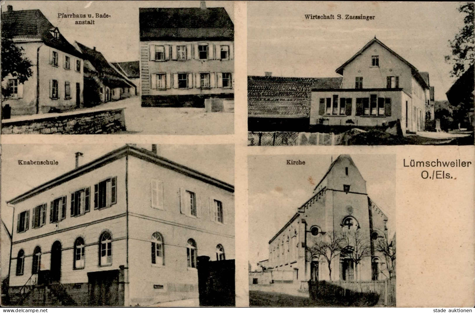 Lümschweiler (Elsass) Pfarrhaus Badeanstalt Gasthaus S. Zaessinger Knabenschule 1916 I-II (fleckig) - Other & Unclassified