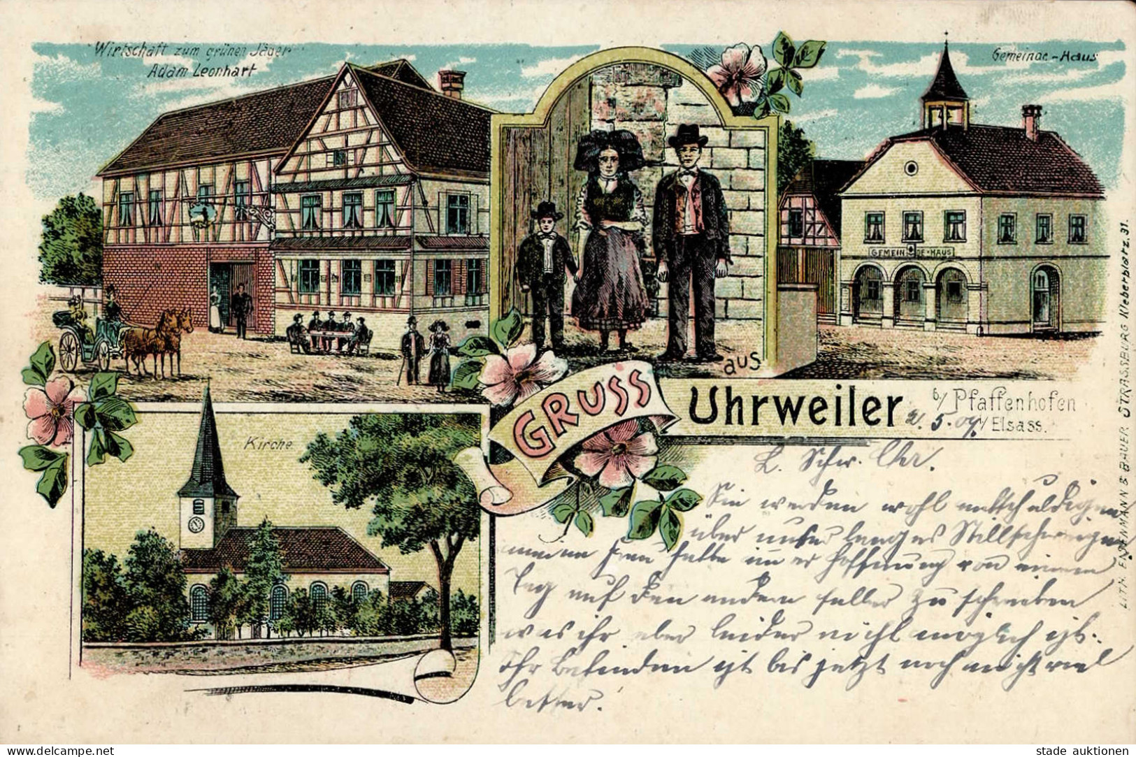 Uhrweiler (Elsass) Gasthaus Zum Grünen Jäger Adam Leonhart Kirche Gemeindehaus Tracht 1909 I-II (fleckig) - Other & Unclassified
