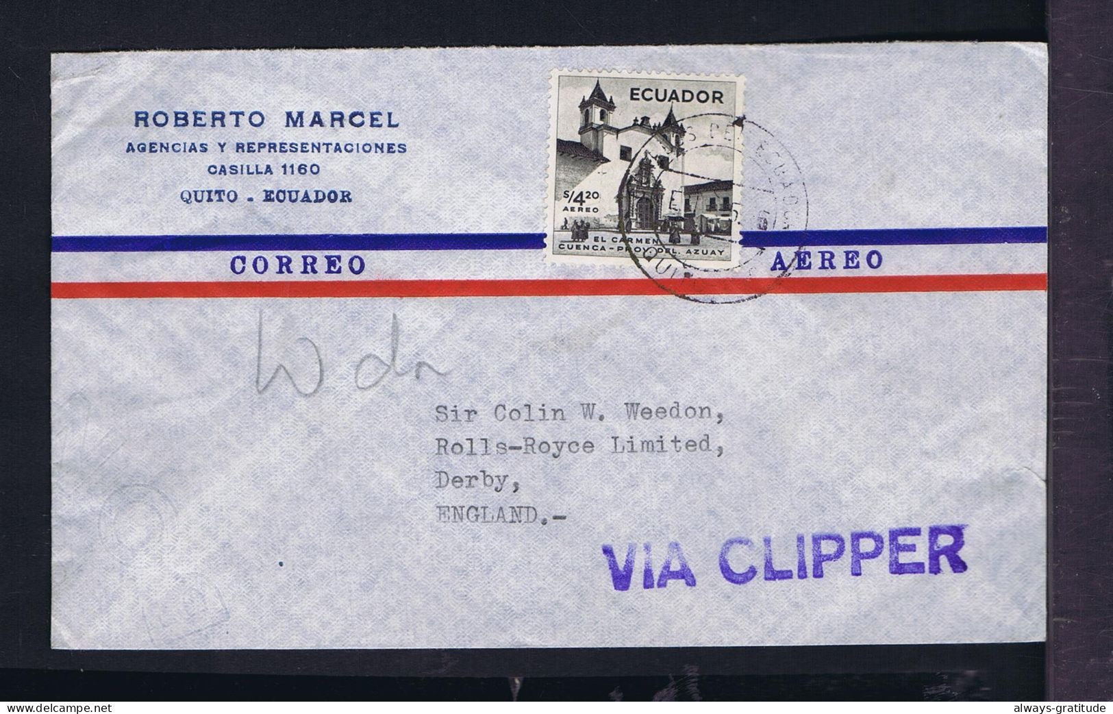 Sp10524 ECUADOR EL CARMEN  (Cuenca -Prov. Del Azuay) Churche Architecture Mail VIA CLIPPER Rolls-Royce Ldª Derby-England - Kirchen U. Kathedralen