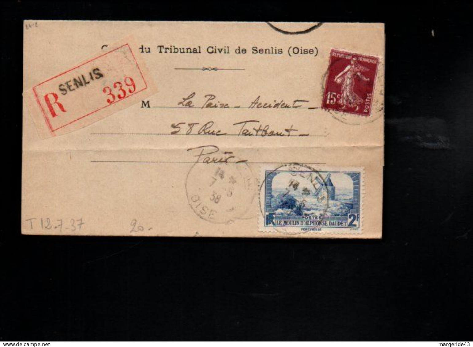 AFFRANCHISSEMENT COMPOSE SUR PLI RECOMMANDE DE SENLIS 1938 - Tarifs Postaux