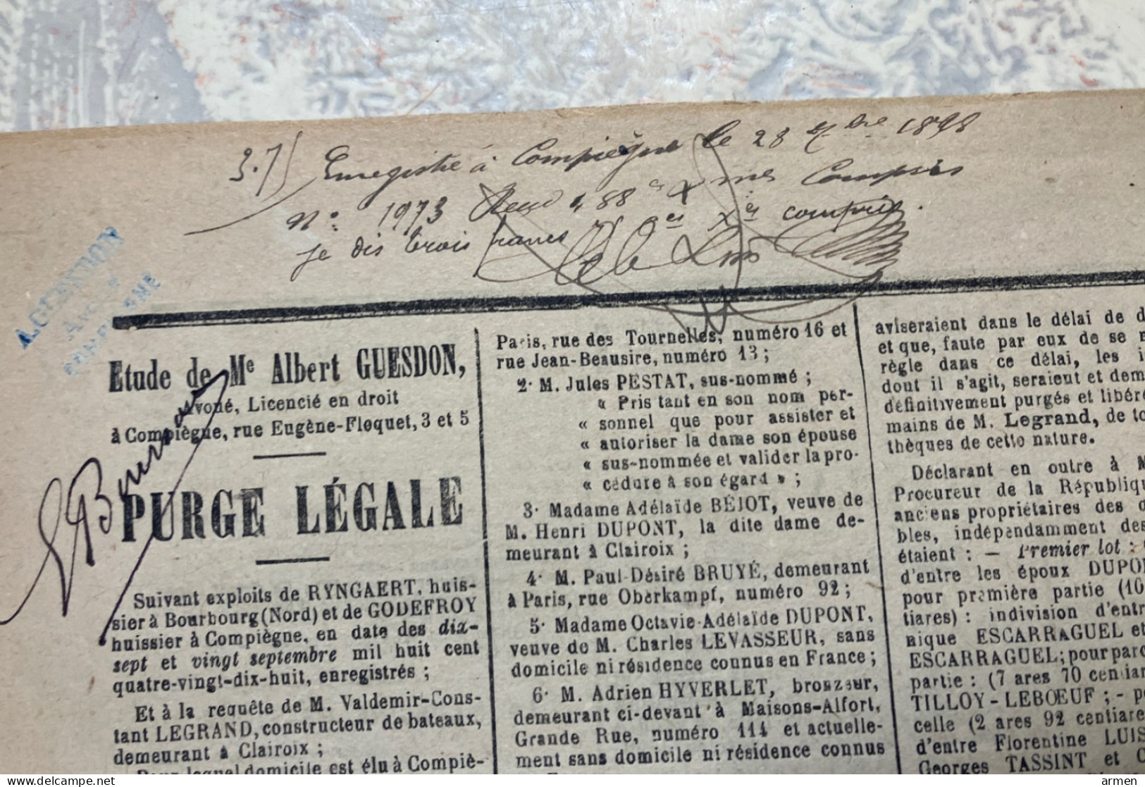 Document historique Gazette de l’Oise (60) 1898 l’affaire  Dreyfus Compiegne Clermont Senlis signes timbrés fiscal RARE