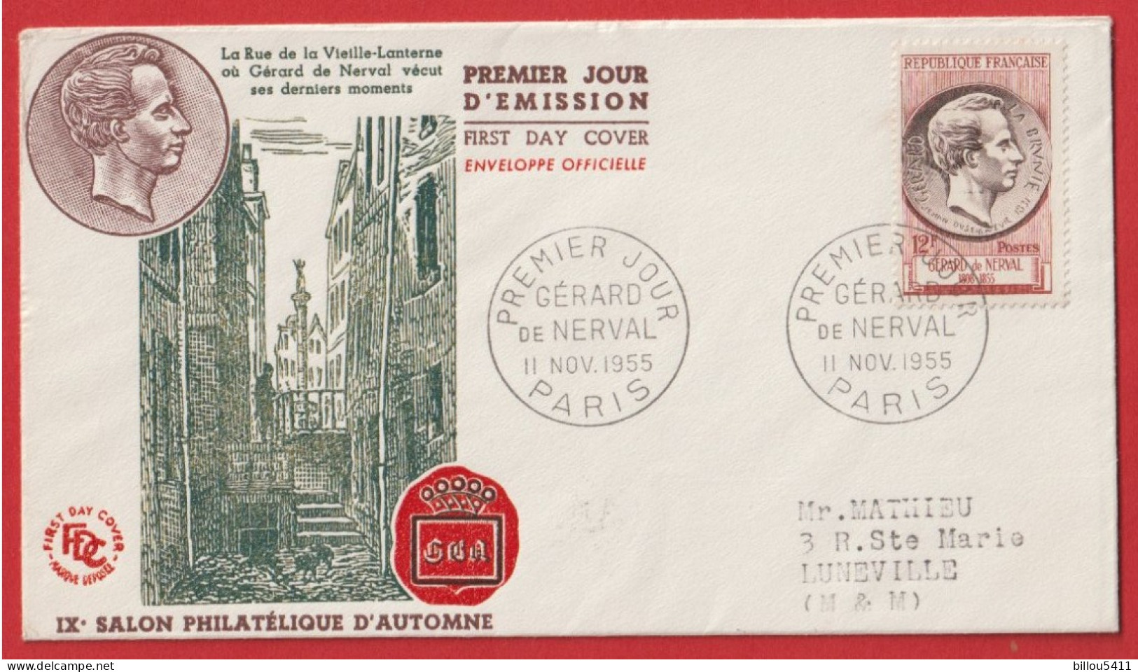FDC - Premier Jour - GERARD De NERVAL - 11 Nov 1955 - PARIS - 1950-1959