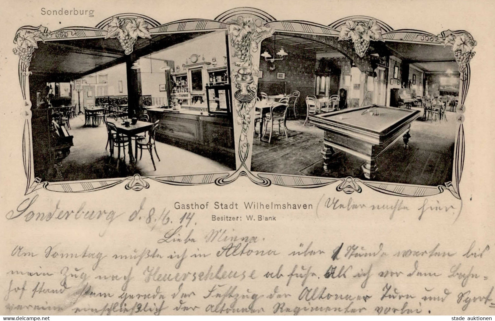 Sonderburg (Dänemark) Gasthaus Stadt Wilhelmshaven Billard 1914 I - Danemark