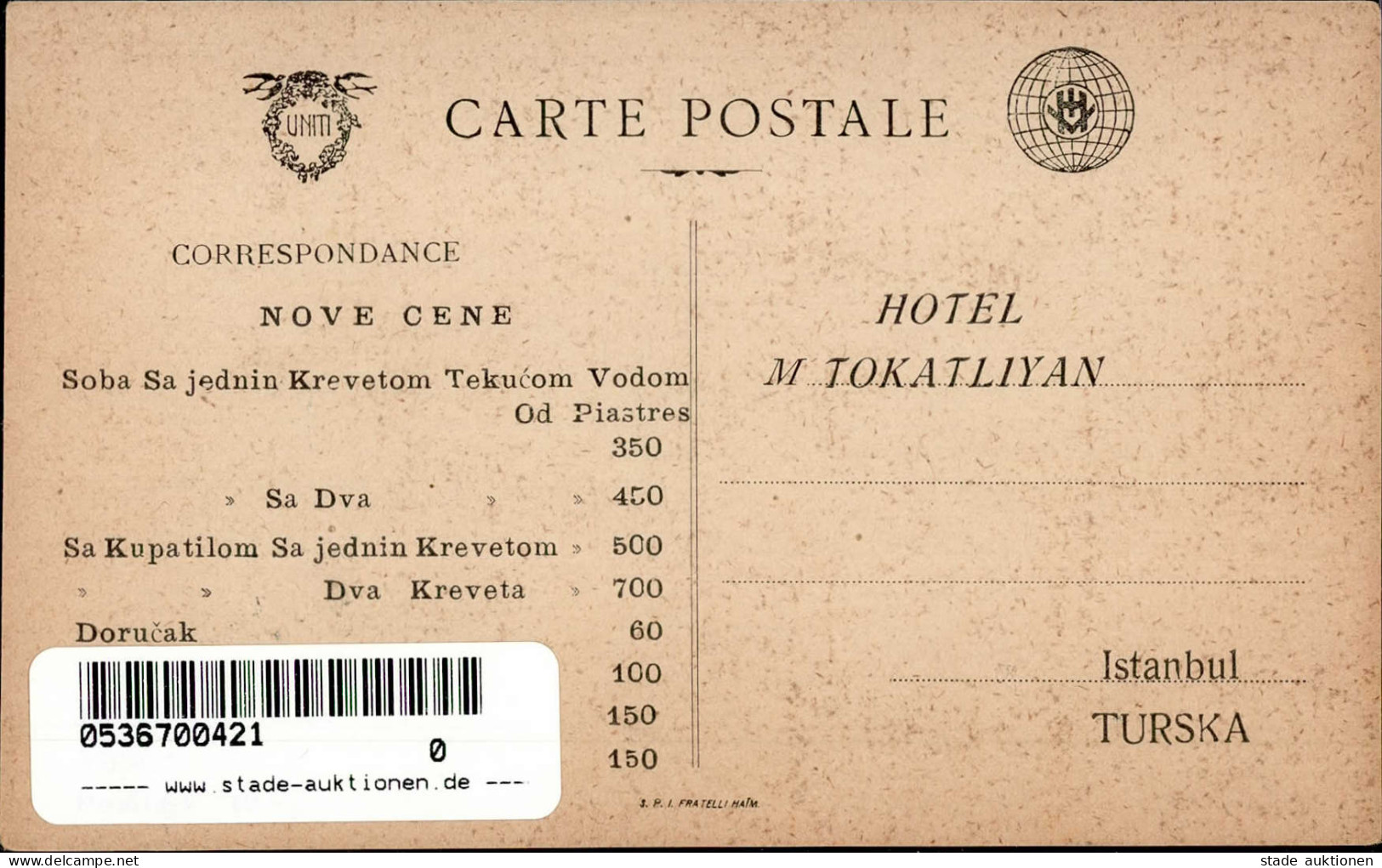 Istanbul (Türkei) Hotel M. Tokatlian Grand Rue De Pera I-II (fleckig) - Türkei