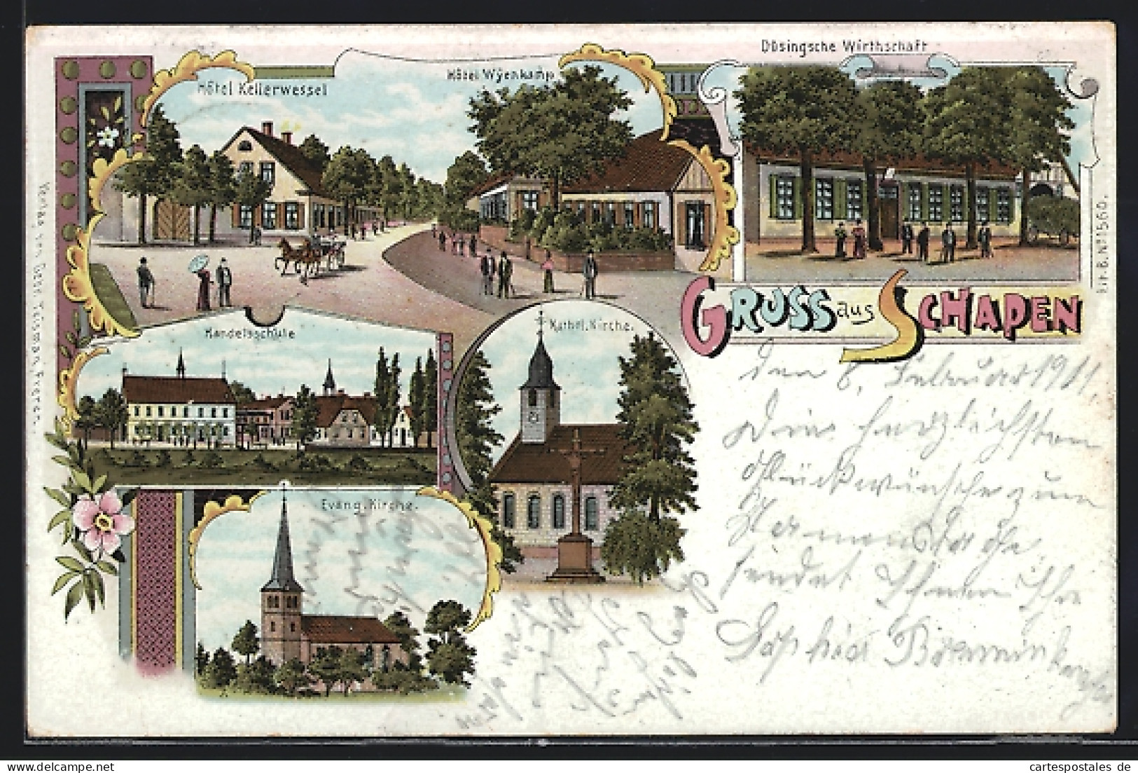 Lithographie Schapen / Lingen, Hôtel Kellerwessel & Hôtel Wyenkamp, Düsingsche Wirtschaft, Handelsschule  - Lingen