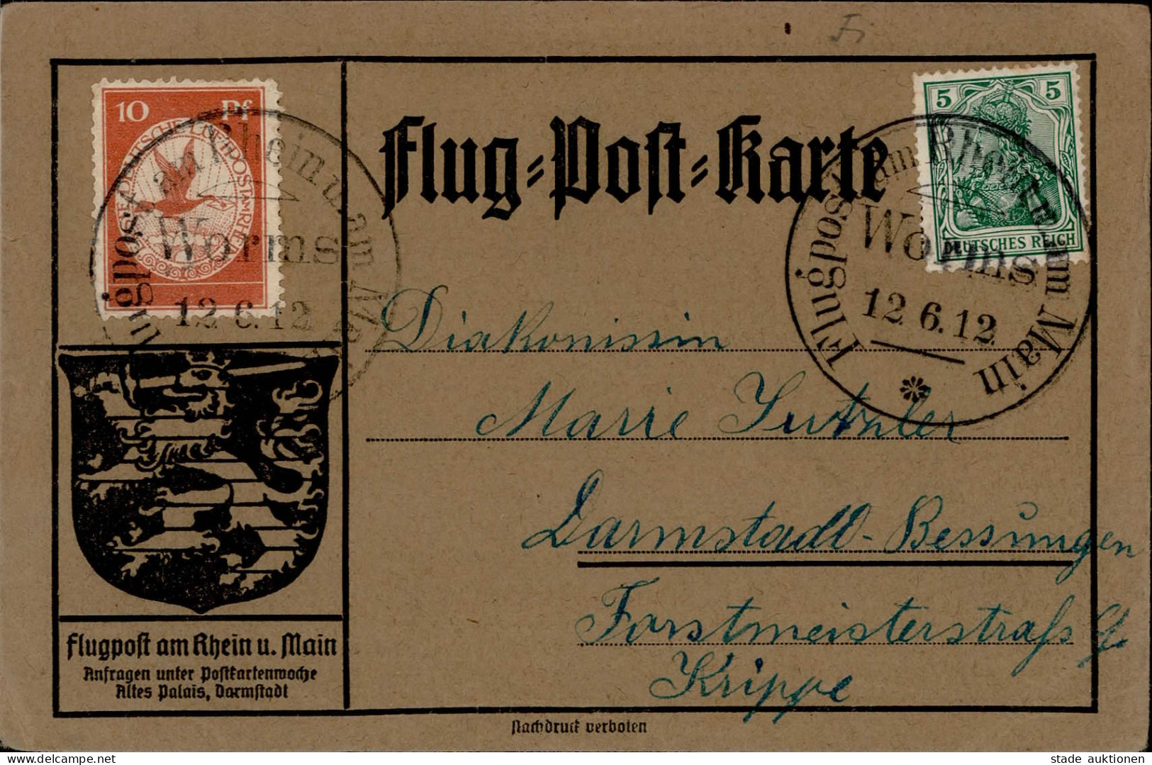Flugpost Am Rhein U. Main Postluftschiff Schwaben Ab Worms 12.6. 1912 (rs. Mit Text) - Other & Unclassified