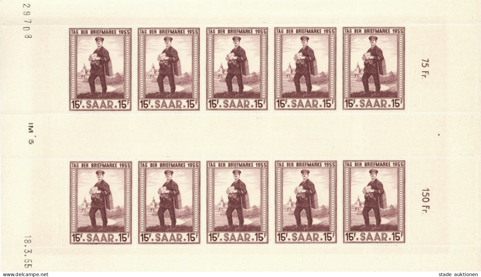 Saarland Tag Der Briefmarke 1955 Im Kpl. Kleinbogen Mit Zwischensteg, Anhängenden Leerfeldern U. Druckdatum **postfrisch - Other & Unclassified