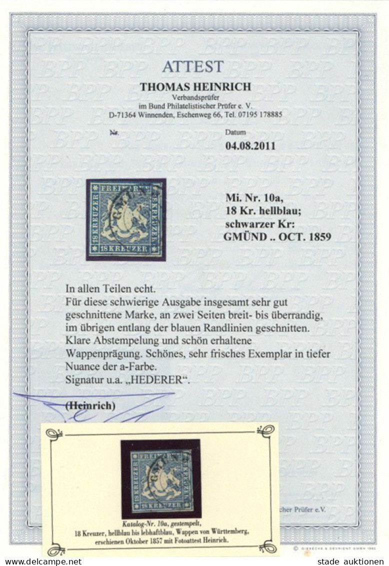 Altdeutschland Württemberg 18 Kreuzer Wappen 1857 Fotoattest Heinrich BPP Insgesamt Sehr Gut"" - Other & Unclassified