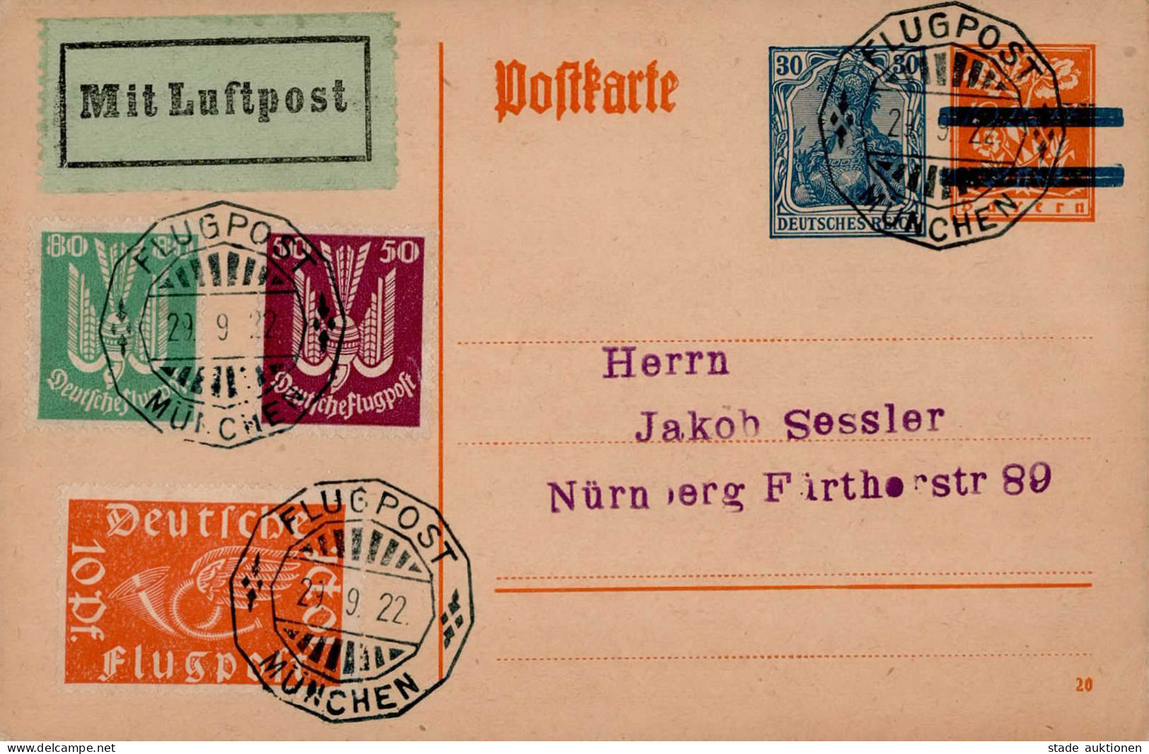 Deutsches Reich Luftpost R-Brief Flugpostmarken Holztaube I MiF Flugpost-Stempel München Auf Ganzsache 1922 I-II (flecki - Other & Unclassified