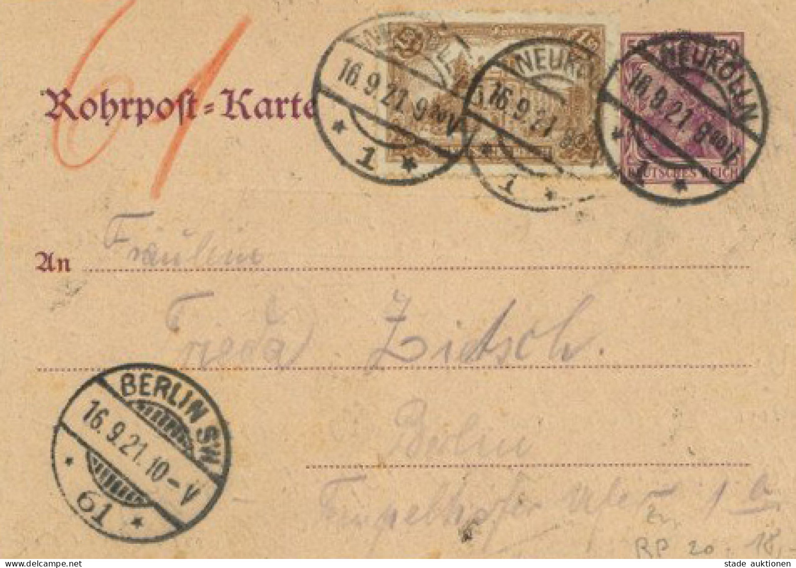 Inflation Rohrpostkarte Berlin-Neukölln ZuFr 1921 I-II - Other & Unclassified