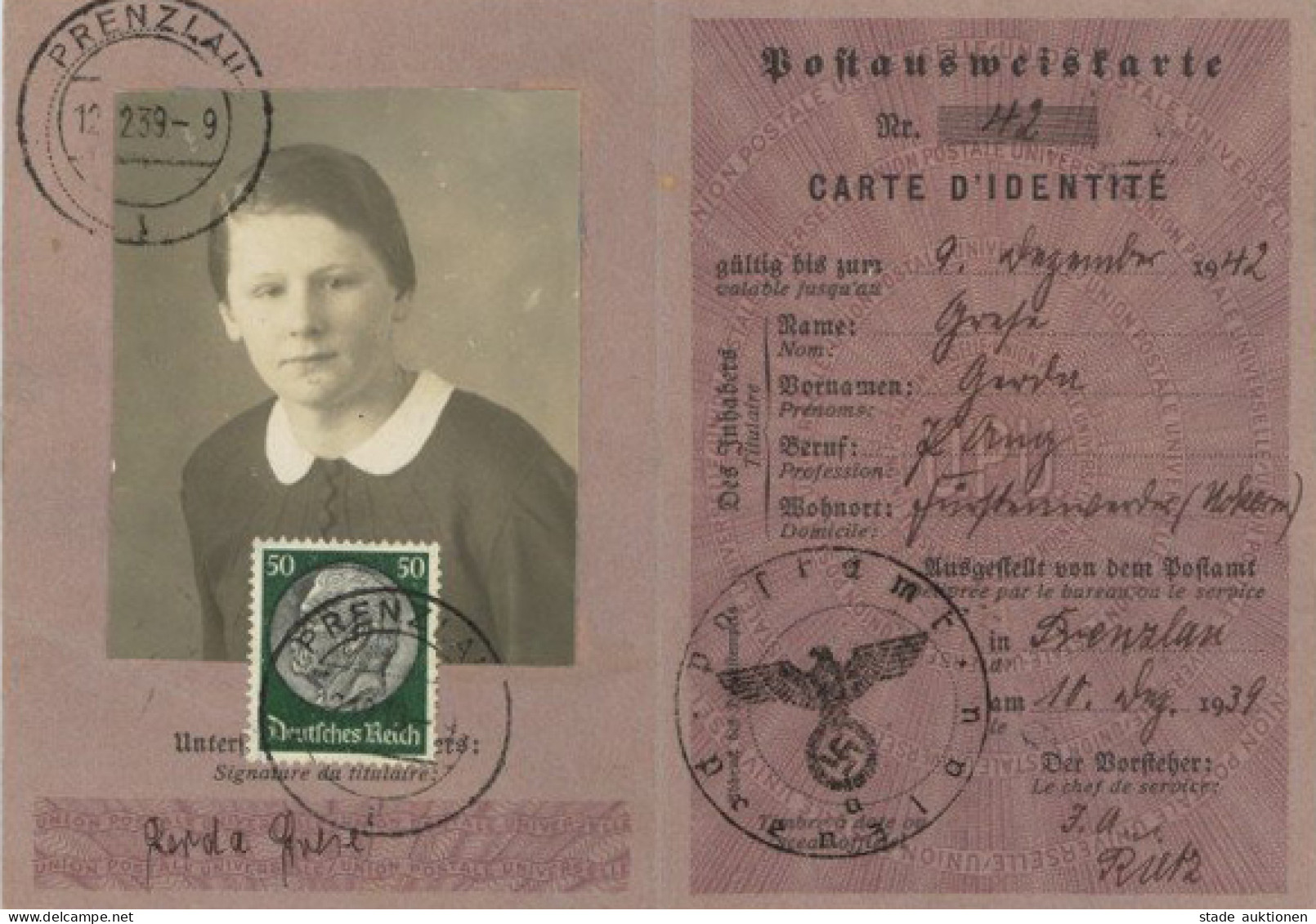 3. Reich Postausweiskarte Mit 50er Hindenburg EF, Postamt Prenzlau 1939 I-II - Other & Unclassified