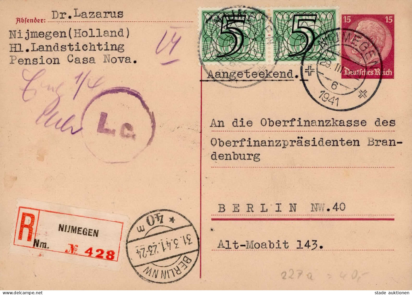 3. Reich Ganzsache 15er Hindenburg ZuFr Einschreiben Aus Nijmegen (Niederlande) 1941 - Other & Unclassified