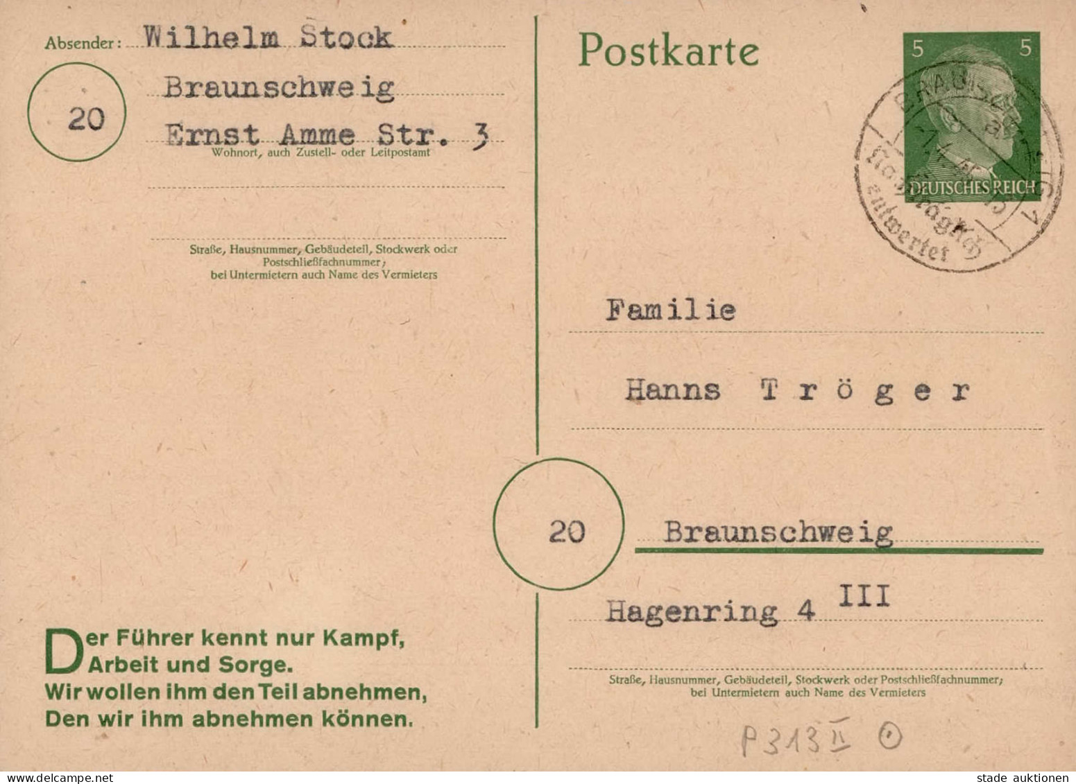 3. Reich Ganzsache 5 Pfennig Hitler Für Ortsverkehr Mit Propaganda-Zudruck Innerorts Braunschweig, Bedarf (rs. Text) Vom - Other & Unclassified