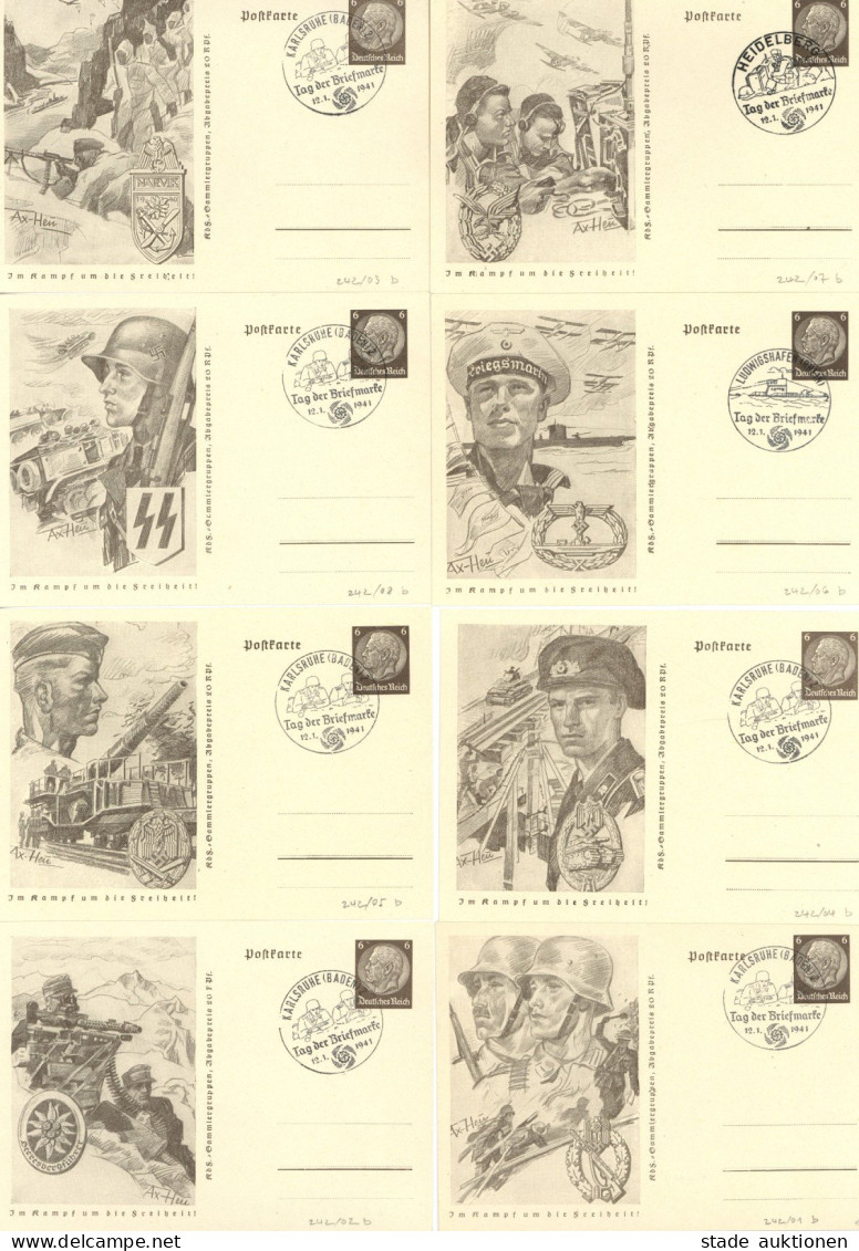 3. Reich Ganzsachenserie Tag Der Briefmarke 1941 Truppengattungen Kpl., Sonderstempel - Autres & Non Classés