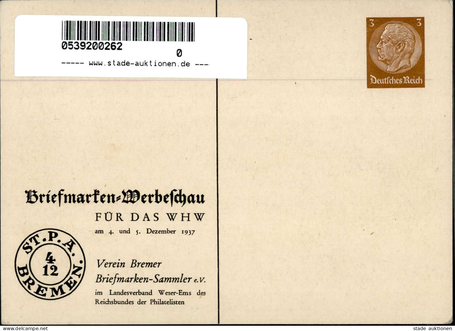 3. Reich GSK Hindenburg Briefmarken-Werbeschau Für Das WHW Bremen I- - Other & Unclassified