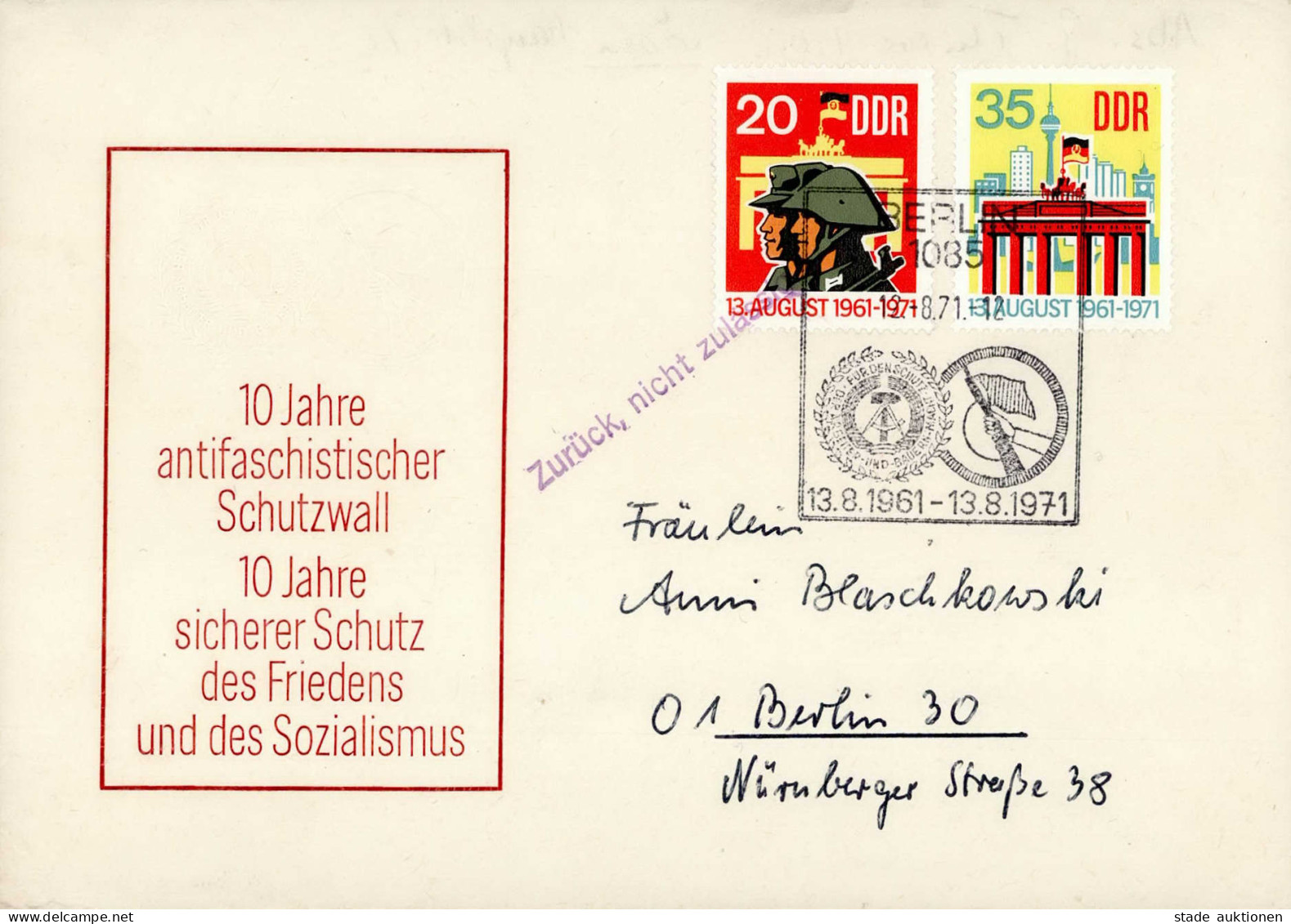 Postkrieg DDR 10 Jahre Mauerbau Antifaschistischer Schutzwall" Schmuck-FDC Nach Westberlin, Retourniert 1971" - Sonstige & Ohne Zuordnung