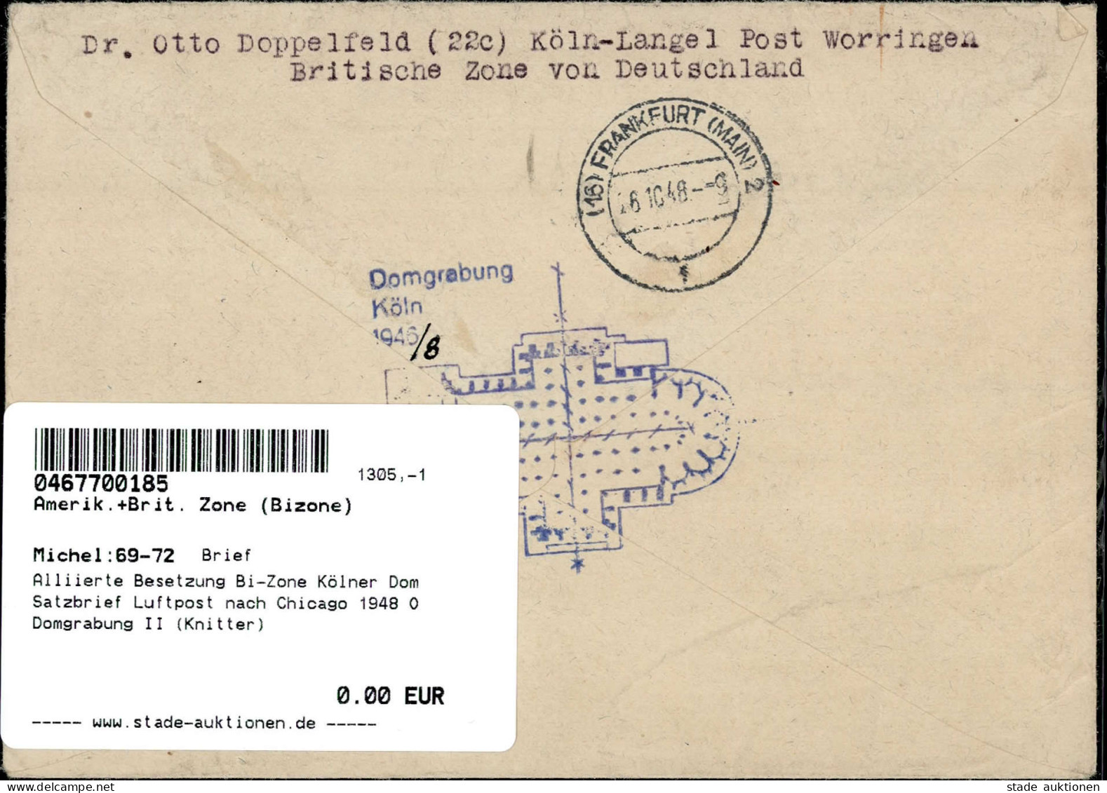 Alliierte Besetzung Bi-Zone Kölner Dom Satzbrief Luftpost Nach Chicago 1948 O Domgrabung II (Knitter) - Other & Unclassified