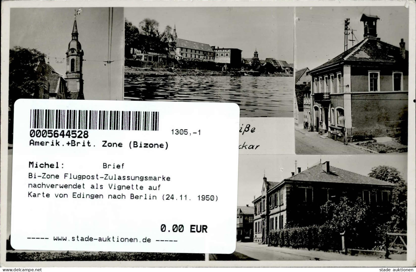 Bi-Zone Flugpost-Zulassungsmarke Nachverwendet Als Vignette Auf 
Karte Von Edingen Nach Berlin (24.11. 1950) - Other & Unclassified