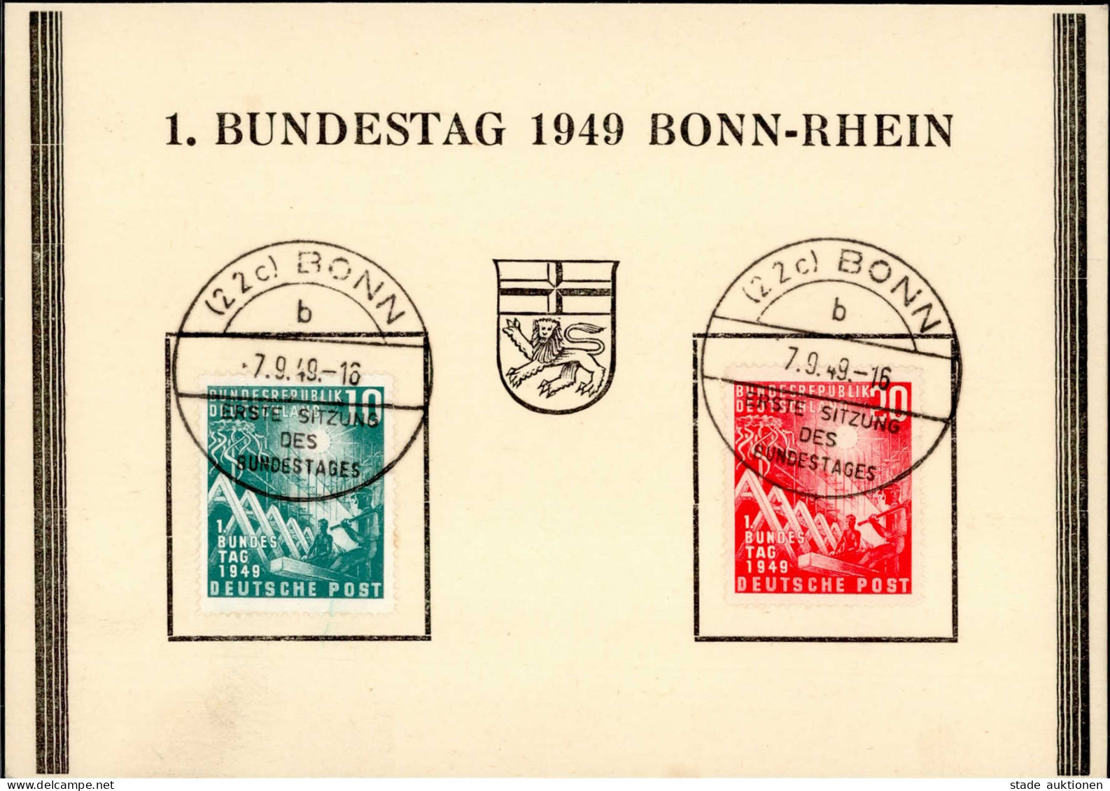 BUND Eröffnung Des 1. Deutschen Bundestages 1949 Bonn Ersttags-Sonderstempel Auf Schmuckkarte - Autres & Non Classés