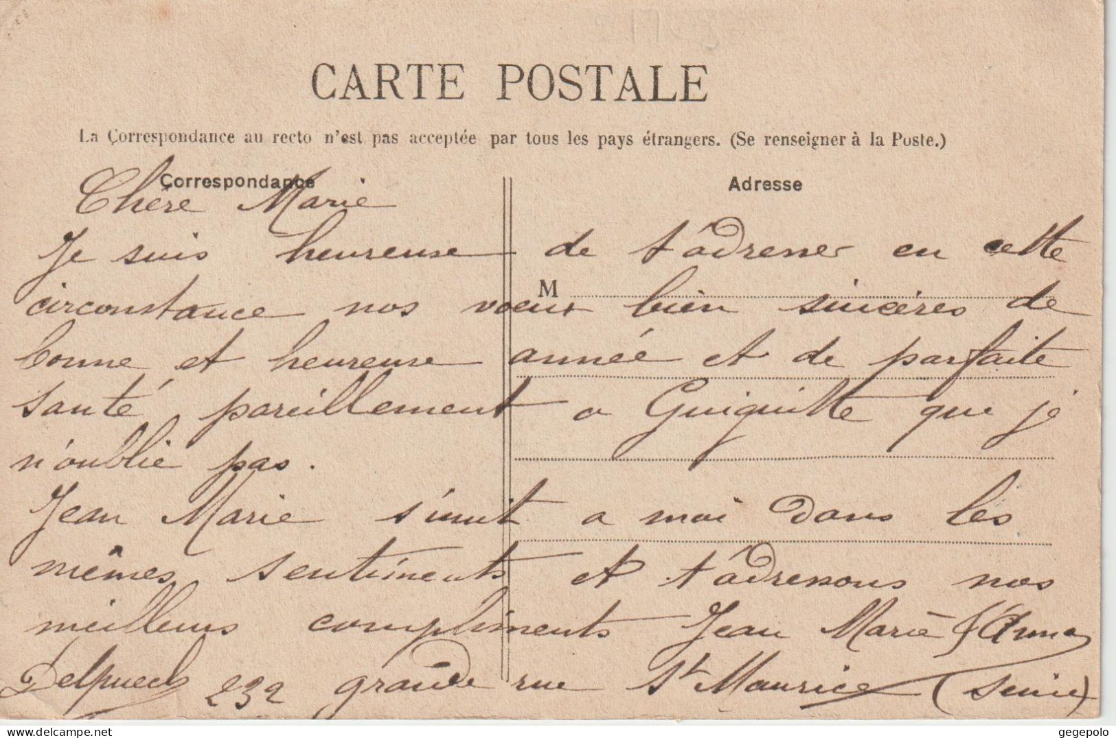 SAINT - MAURICE - Les Voeux Pour 1909 D'une Habitante Du 232 Grande Rue  ( Voir Verso ) - Saint Maurice