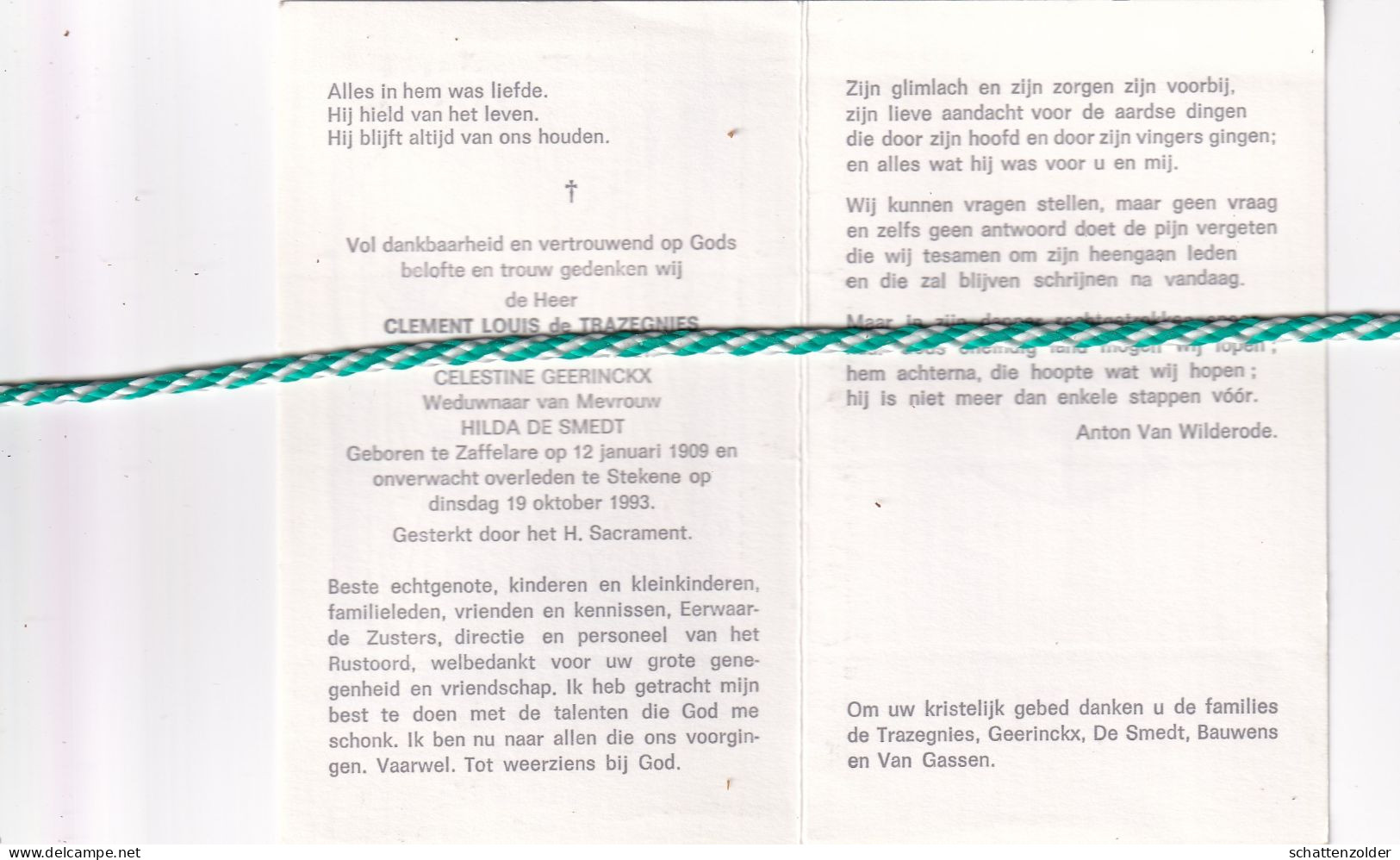 Clement Louis De Trazegnies-Geerinckx-De Smedt, Zaffelare 1909; Stekene 1993 - Décès